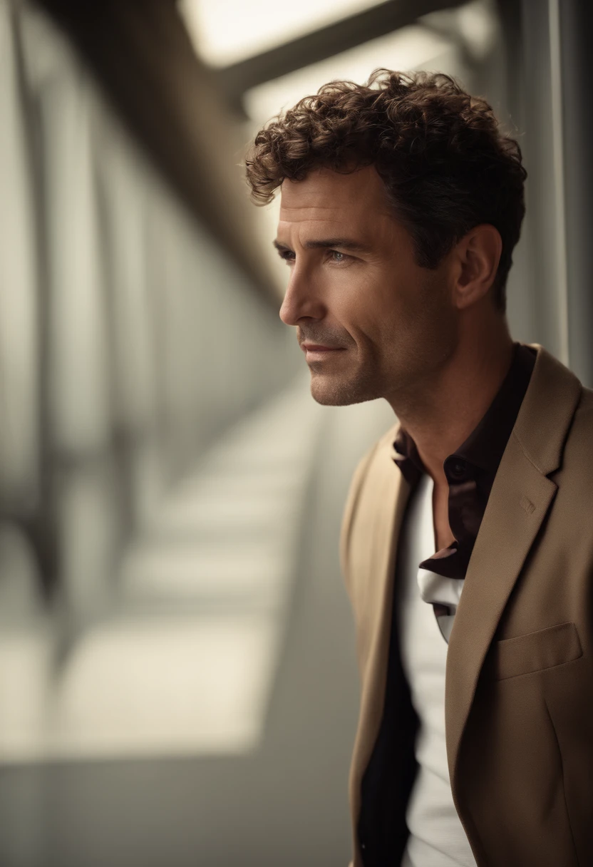 Cinematic, a handsom man, Tall and fit, (40 years old:1.1), (shaven:1.2), (short brown hair and a little curly:1.5),(very short hair:1.6). black tight suit, white fit shirt . Minimalistic background, clean composition, strong details, Muted Colours, Hasselblad --style raw corps entier, wide-angle photo close-up portrait of the body of a handsome man,