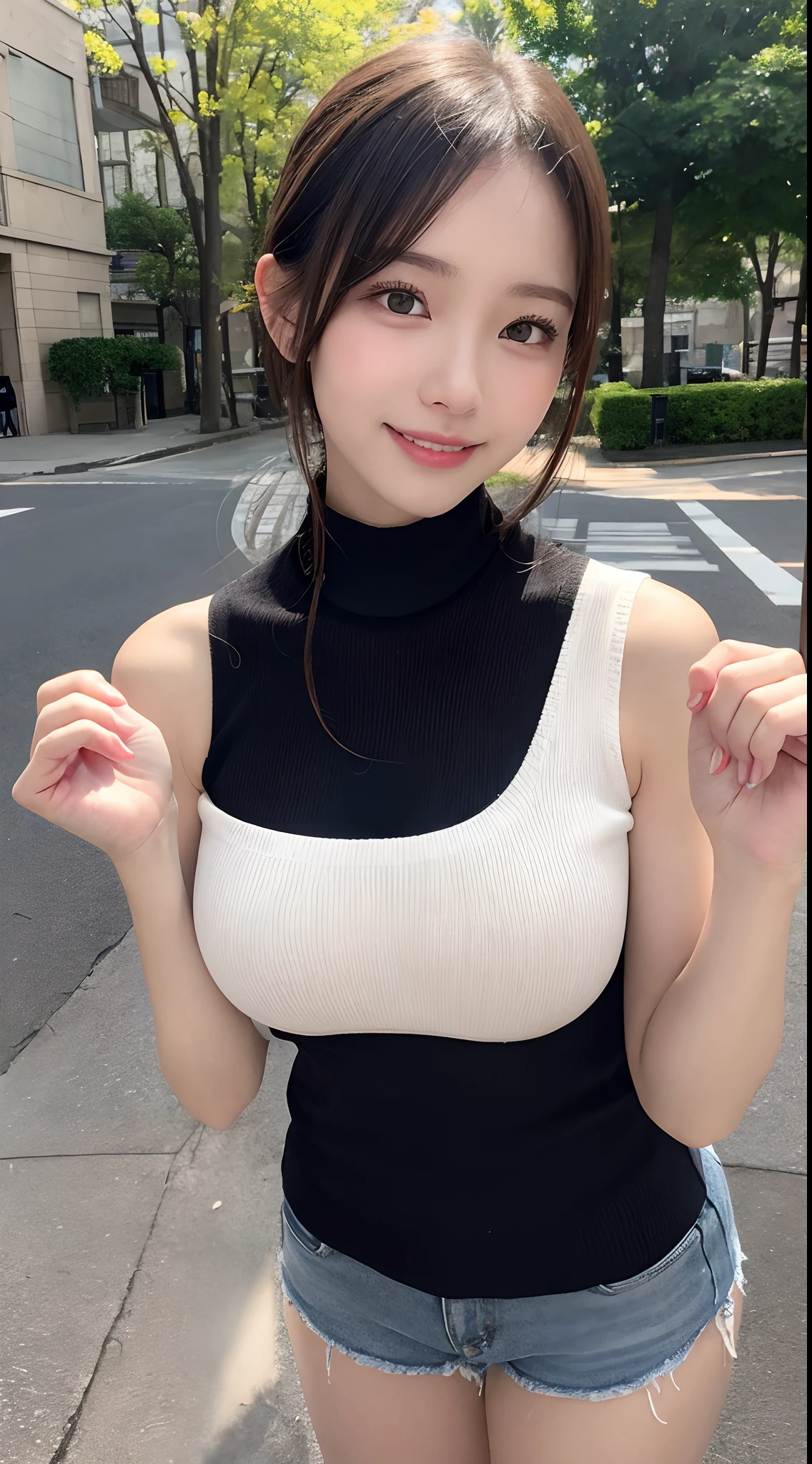 (masuter piece、超A high resolution、hiquality、realisitic、ultra-detailliert)、Cute 18 year old girl taking off her black turtleneck、C cup breasts、poneyTail