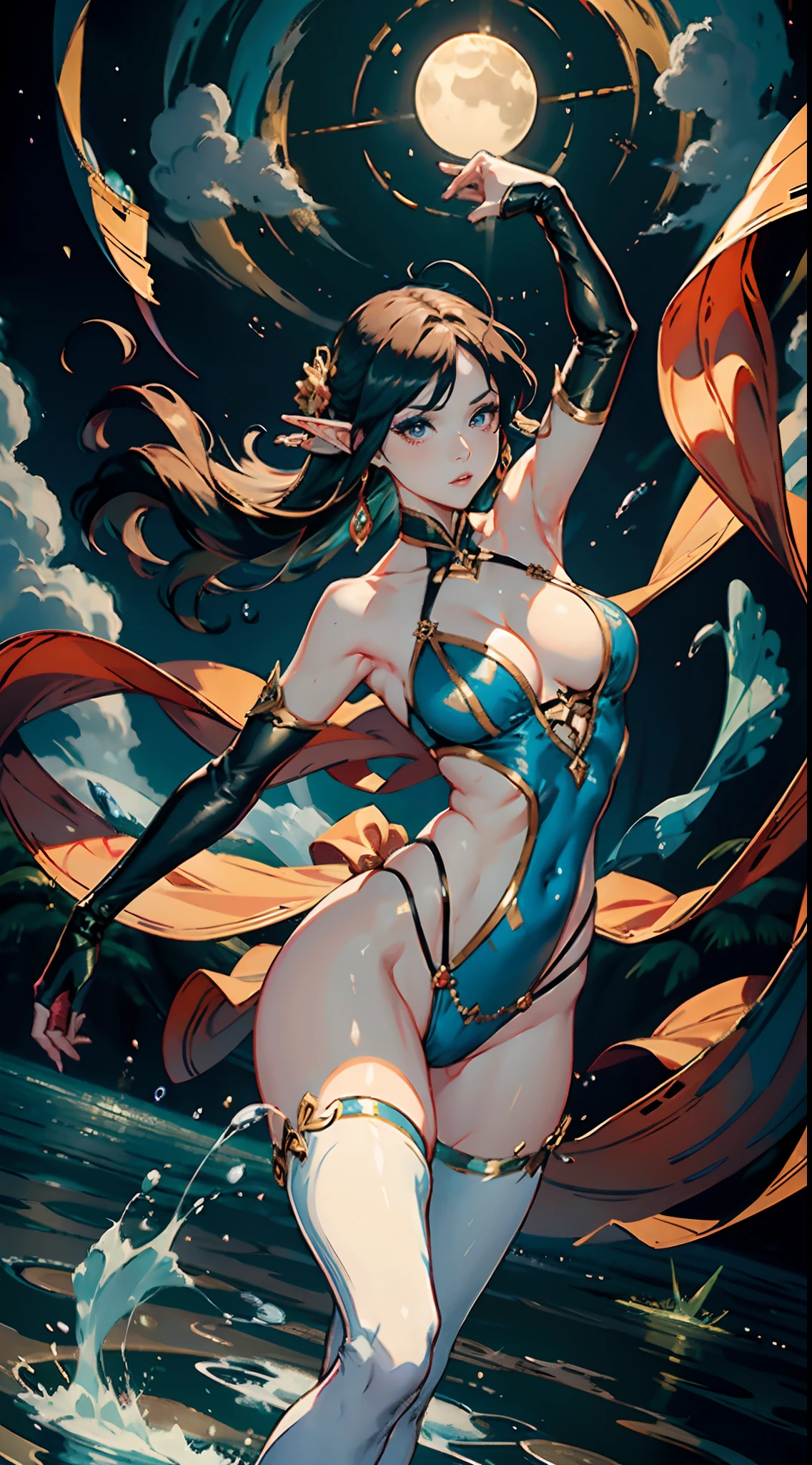 In the illustration of this super-grand scene,We enjoyed a fascinating sight,Various scenarios of the multiverse come together。In this intoxicating exterior,We see a mysterious Circe dancer,(The Circe dancer look incorporates Tiflin、the elf、fairy、Angels and many other magical fantasy races:9.99),ella(The whole body appears in the long-range shot:9.99)Half-dressed,She is graceful,Dance on the water。Her dancing magic keeps her costumes changing,Into(Brilliant fireworks in the sky:9.99)In the background,Adds an unpredictable charm to the whole scene。The dancing of the Circe dancers is intoxicating,Her rainbow cape fluttered behind her like a flying carpet。This cape consists of different styles、colours、Made from small parts of materials and styles,The trailing tail is long and beautiful。Her dancing trajectory is accompanied by the glare effects of neon lights and magical stars,Blend in with your surroundings,Creates a stimulating atmosphere for the senses。Circe dancers have an extra-tall figure and curved curves that explode,Her body features are full of seductive sexiness。Her physical appearance includes::(K-cup size with wide silhouette is oversized and teardrop-shaped chest:9.99)、(Narrowed sternum and waist and abdomen:6.66)、Charming face、(Huge Kaziran colored eyes:99.99)、Makeup、Slender neck、Beauty collarbone、Slender arms、(Graceful hands that are ergonomic and physiologically normal:9.99)、Slender waist and abdomen、Round buttocks and slender long legs,Showcases attractive curves and lines。Use Midjourney's advanced brush tools、Color palettes and texture packs,We are the faces of Circe dancers、skin、Costumes and rainbow capes give intricate textures,While increasing realism(Again add the super-large chest contour and inflate the chest:9.99)And make Jushuo teardrop chest soft elastic oil,She also made her costume and cape blend different materials,Show a variety of styles,From evening dresses to princess dresses to tulle,(Full of creativity and fashion:6.66),It also makes