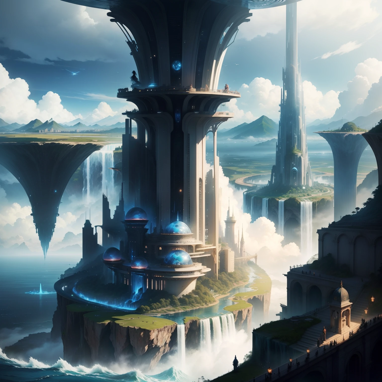 City of Water、water world、SFart by、Fantasia、futuristic cities、great outdoors、Super huge waterfall、dream、Huge construction、top-quality、masterpiece、planet earth、HD Images、Beautiful future city、Height through the clouds、