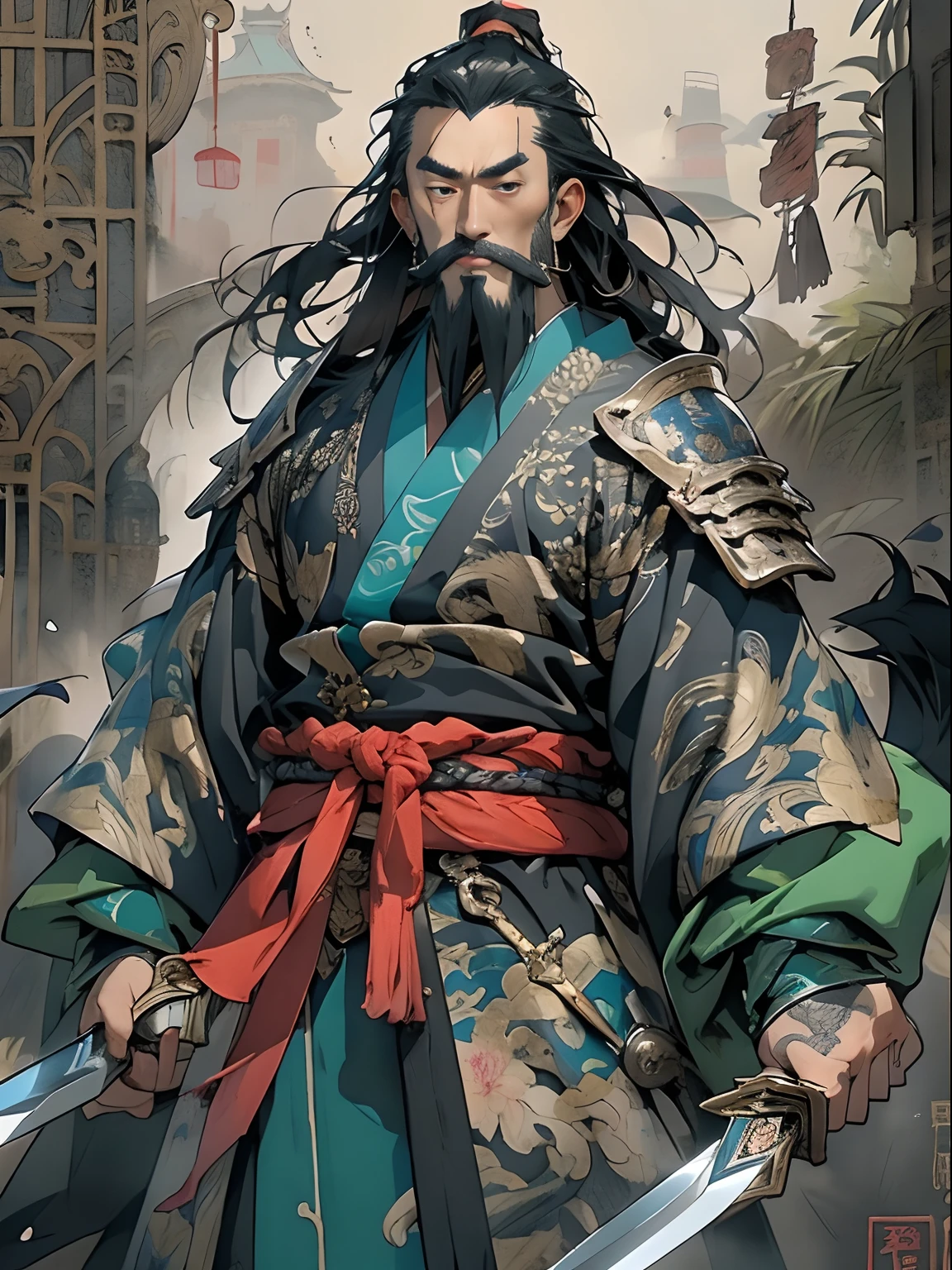(((China-style,Ink painting method,Half-length portrait,Intense color,Han dynasty, China,Hanfu,Armor,Guan yu,Guan Yunchang,of a guy,Ruddy killing square face,Hold the Blue Dragon Moon Knife in his right hand,Stroke your beard with your left hand,Long hair,petty eyes,Green robe))), (((best qualityer))), (((tmasterpiece))), (((AS-Adult))), ((( Japanese ))), Look up from your knees, Handsome Asian samurai,perfect body figure, Modern samurai, ((( Asian))), Wear gloves on your hands,The left arm is made of steel and metal tips,Made of protective devices, The eyes are pulled, (( Appears below the chest )), (( Small dental floss )), Simon Bisley, Almost naked(Simon Bisley)Castle City Wilderness,For high-resolution posters, hair straight, Minimum clothing, armure (Crazy clothes ), Full of tips and rivets, tribal tattoos, (((full bodyesbian))), Straight brunette hair,Colored hair ends