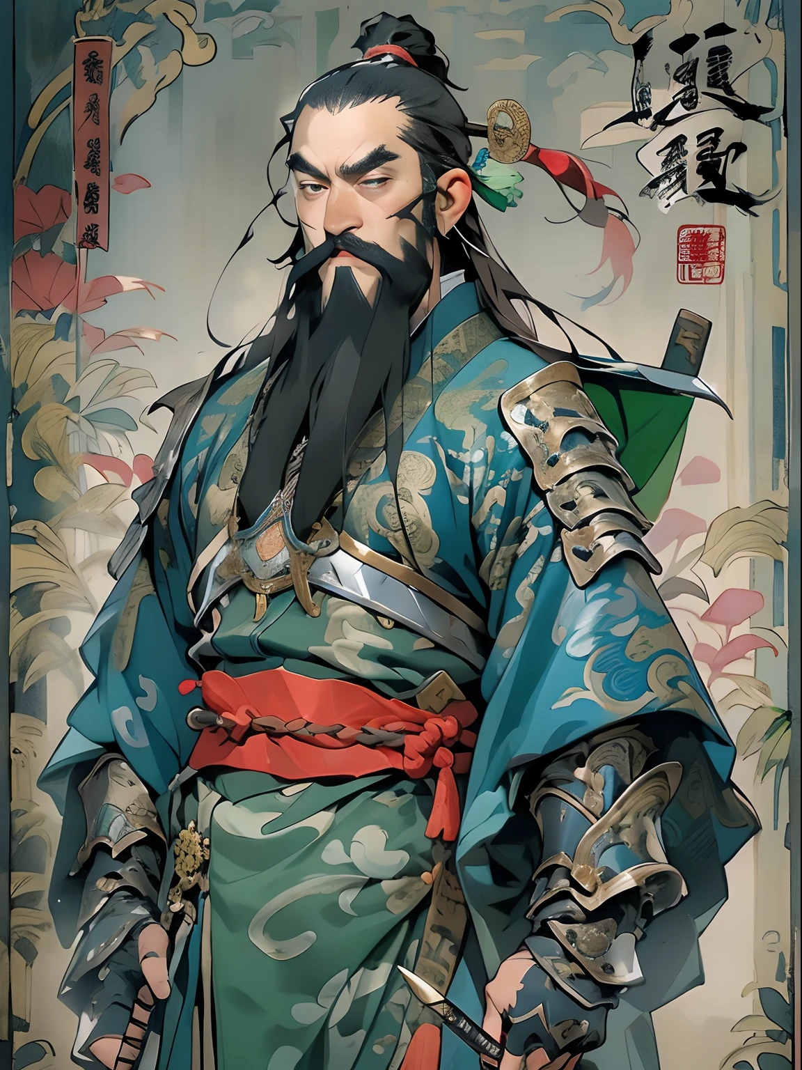(((China-style,Ink painting method,Half-length portrait,Intense color,Han dynasty, China,Hanfu,Armor,Guan yu,Guan Yunchang,of a guy,Ruddy killing square face,Hold the Blue Dragon Moon Knife in his right hand,Stroke your beard with your left hand,Long hair,petty eyes,Green robe))), (((best qualityer))), (((tmasterpiece))), (((AS-Adult))), ((( Japanese ))), Look up from your knees, Handsome Asian samurai,perfect body figure, Modern samurai, ((( Asian))), Wear gloves on your hands,The left arm is made of steel and metal tips,Made of protective devices, The eyes are pulled, (( Appears below the chest )), (( Small dental floss )), Simon Bisley, Almost naked(Simon Bisley)Castle City Wilderness,For high-resolution posters, hair straight, Minimum clothing, armure (Crazy clothes ), Full of tips and rivets, tribal tattoos, (((full bodyesbian))), Straight brunette hair,Colored hair ends