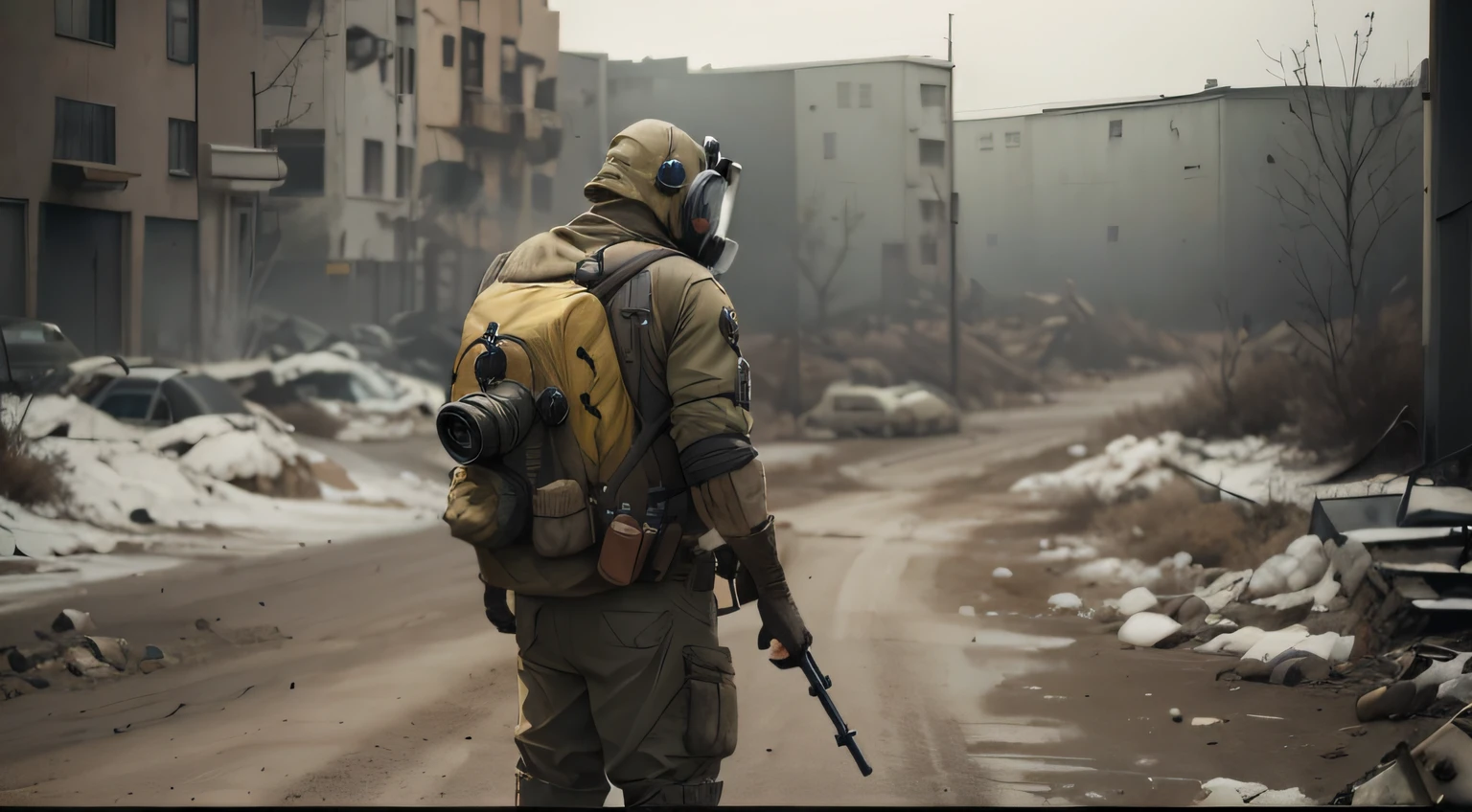arafed man in a gas mask and a gas mask on a street, movie still 8 k, ( apocalyptic ) 8 k, cinematic 4k octane render, octane render cinematic, apocalyptic 8k, apocalyptic 8 k, realistic apocalyptic war scene, octane highly detailed cinematic, 8 k movie still, 4 k cinematic octane render, in a post-apocalyptic wasteland