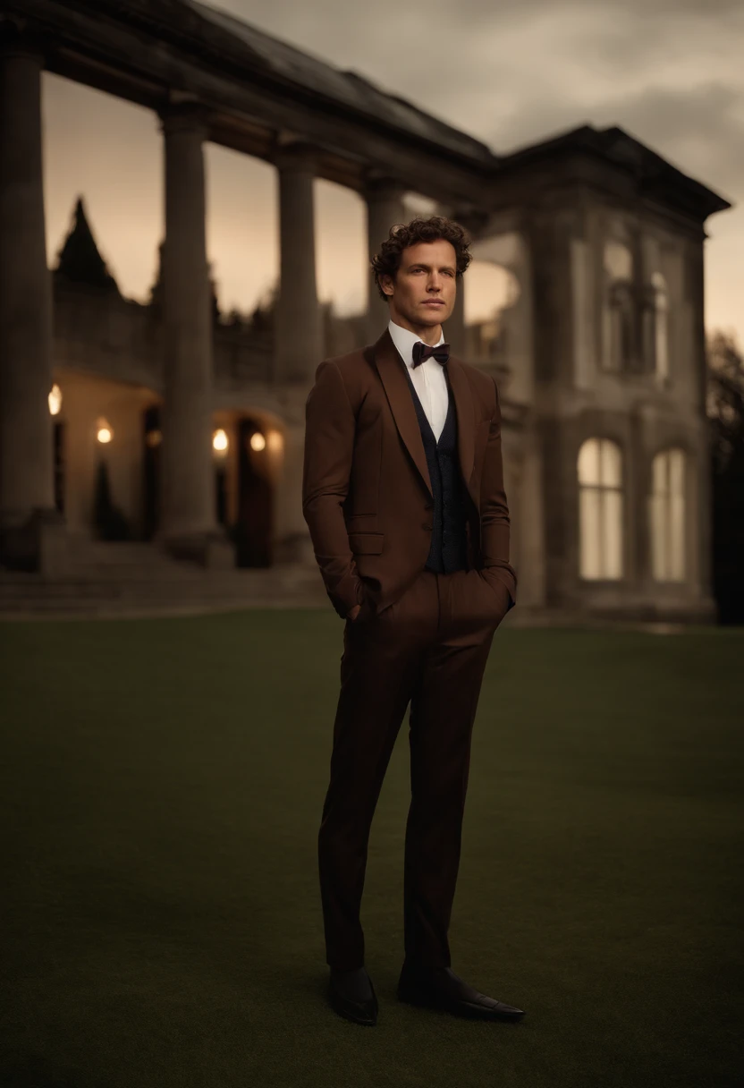 corps entier, Wide-angle photo of the body of a handsome man, Grand et en forme, (40 ans:1.1), (shaven:1.2), (short brown hair and a little curly:1.5),(very short hair:1.6). Tight suit in dark blue velvet:1.3). (posing outside the mansion), Cold and dark sunset at dusk, (Edge Light:1.1),(Concentrez-vous sur les yeux), (Regard fier), (hard light on the skin:1.2), (ombres dures, dark themed, Contraste profond:1.1), (photographie de portrait par Annie Liebovitz), Dark mint theme and choral aesthetics, (skin imperfections)