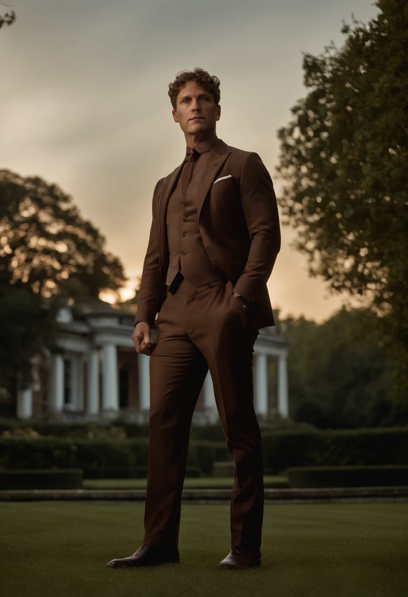 corps entier, Wide-angle photo of the body of a handsome man, Grand et en forme, (40 ans:1.1), (shaven:1.2), (short brown hair and a little curly:1.5),(very short hair:1.6). Tight suit in dark blue velvet:1.3). (posing outside the mansion), Cold and dark sunset at dusk, (Edge Light:1.1),(Concentrez-vous sur les yeux), (Regard fier), (hard light on the skin:1.2), (ombres dures, dark themed, Contraste profond:1.1), (photographie de portrait par Annie Liebovitz), Dark mint theme and choral aesthetics, (skin imperfections)