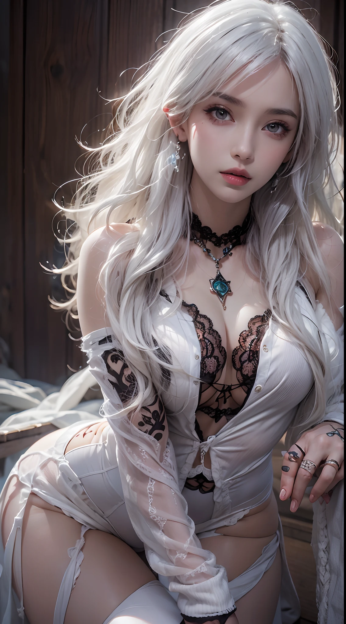 Photorealistic, high resolution, 1 woman, full body, Beautiful eyes, Long hair, ringed eyes, jewelry, tattoo, white hair, thick thighs, black lace leotard