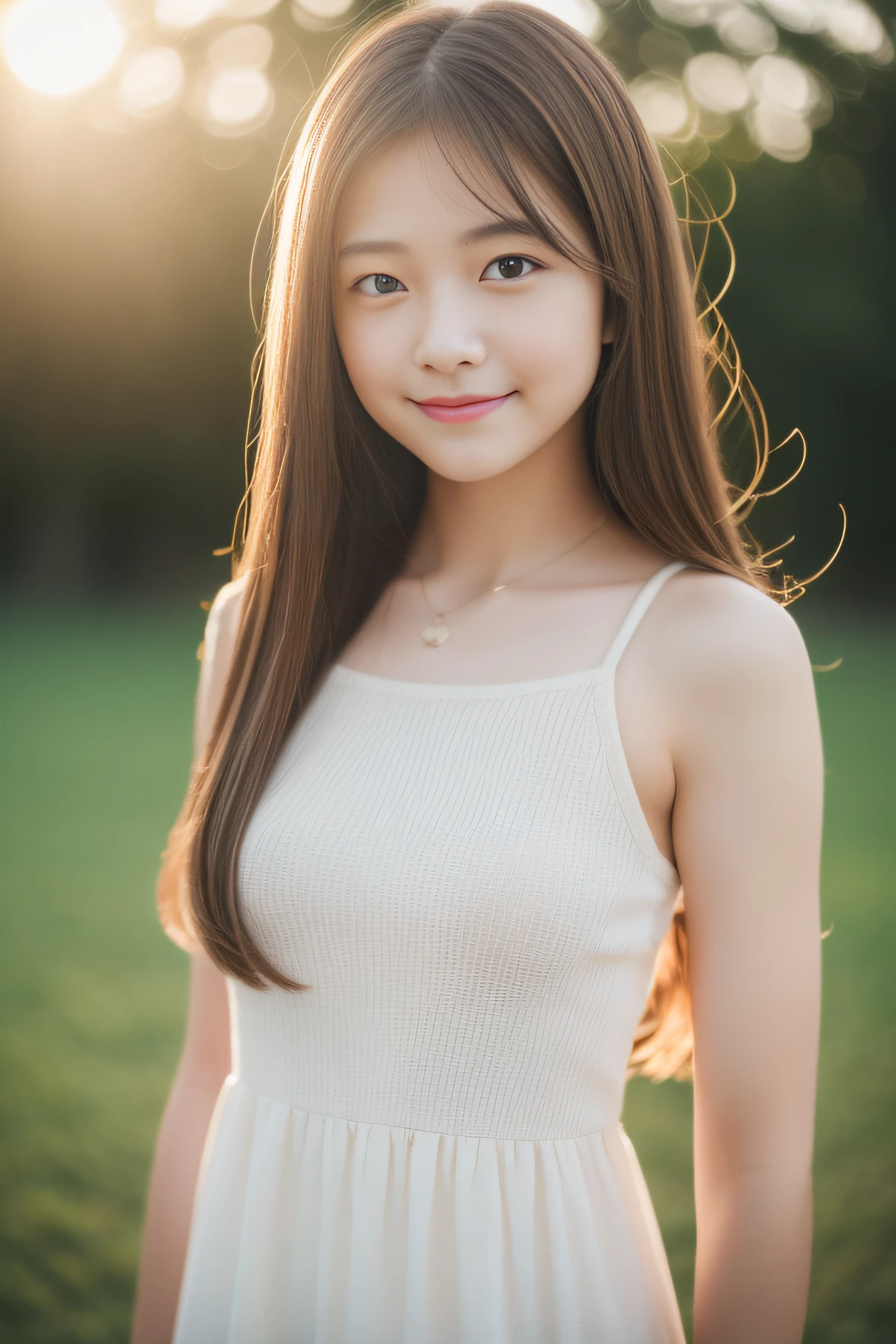 Teen Girls、drill hair、Brown hair、A slight smil、cute little、((top-quality、8K、masterpiece:1.3))、foco nítido:1.2、An ultra-high picture quality、top-quality、masterpiece、natural soft light、The upper part of the body、the setting sun