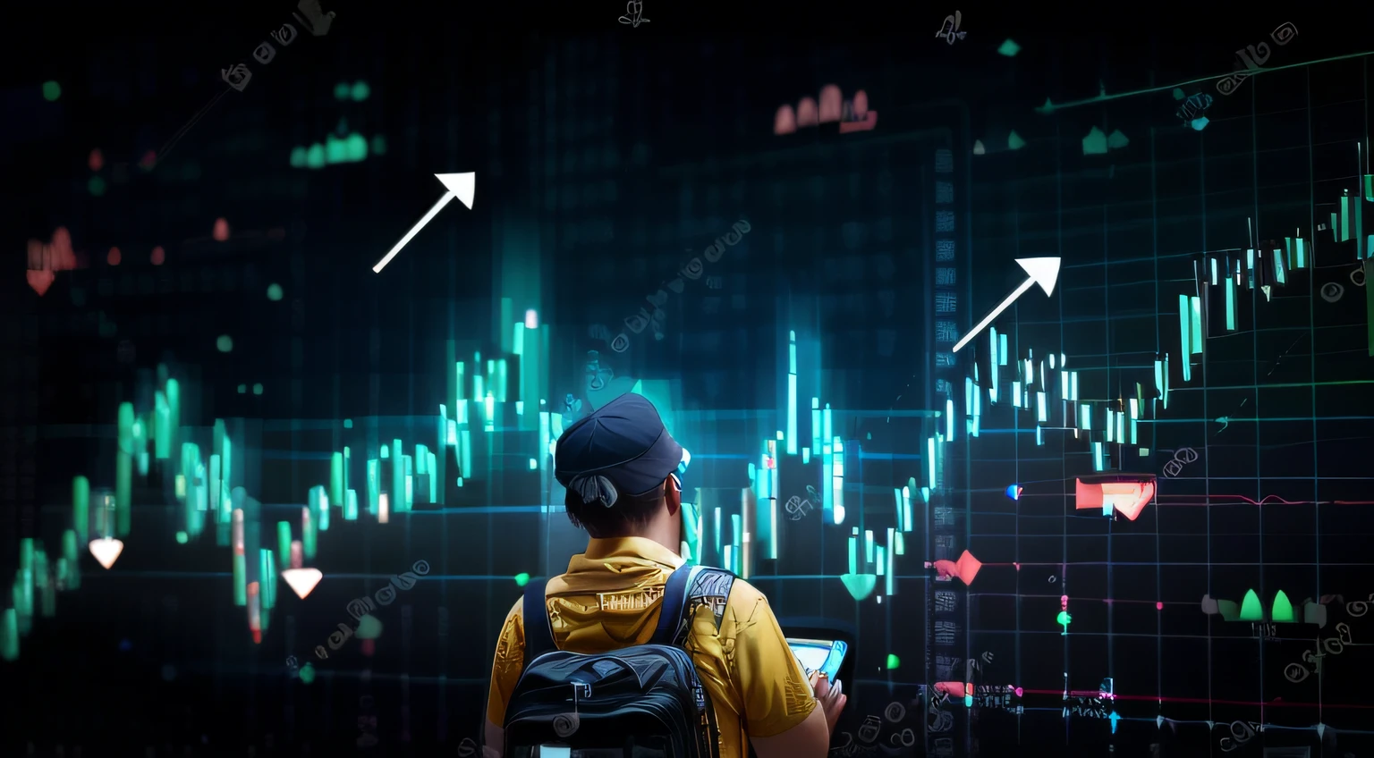 a man on top of a mountain with arrows pointing to the sky, 🚀🚀🚀, shockwaves are coming out, waveforms on top of square chart, Erguendo-se da Cordilheira, Criptomoeda em segundo plano, trending on markets, trading, Comerciantes, displaying stock charts, arte em alta, trading stocks, graph signals, olhando parcialmente para a esquerda