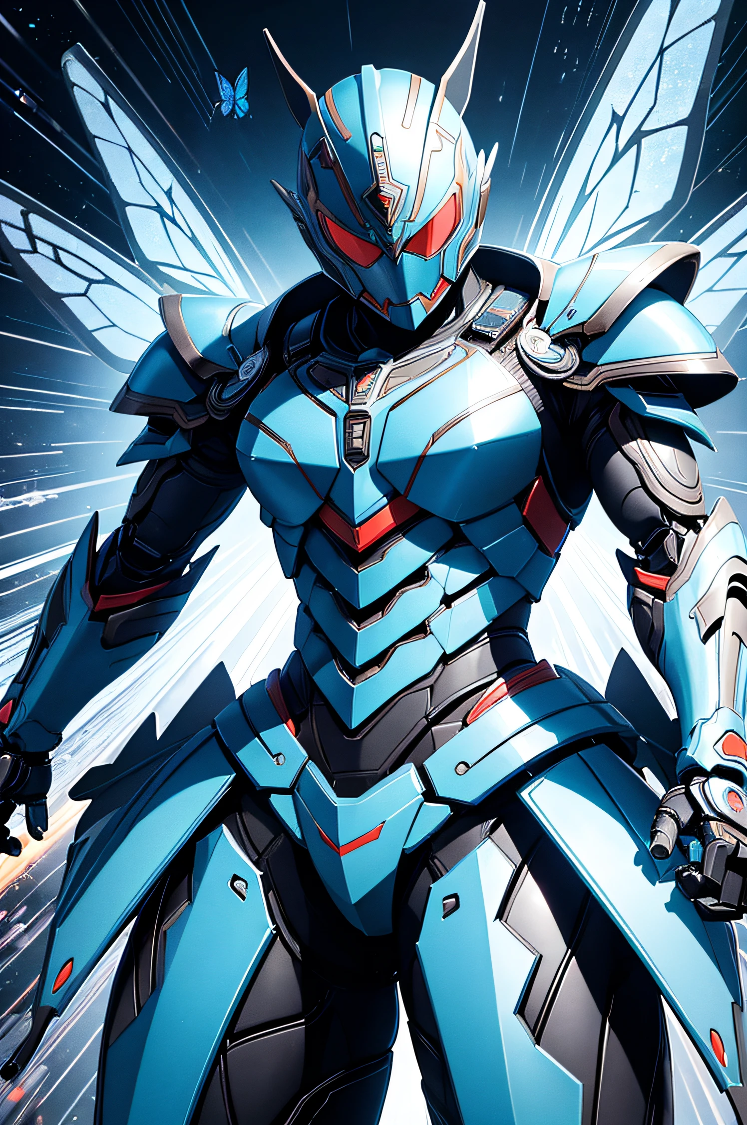 1 kamen rider, armor, mechanical, female, full armor, butterfly, superhero, muscular, heavy metal, mechanical marvel, guardian, blue, dark hero, anti hero, violent, bloody, absurdres, high resolution, ultrasharp, 8k, masterpiece