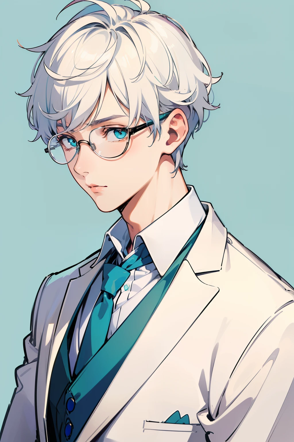 ((Masterpiece, Highest Quality)), Detailed Face, 1boy, young boy, white sweater, turquoise eyes, (((Top Quality))), Short hair, Spits, white colored hair, Stylish glasses