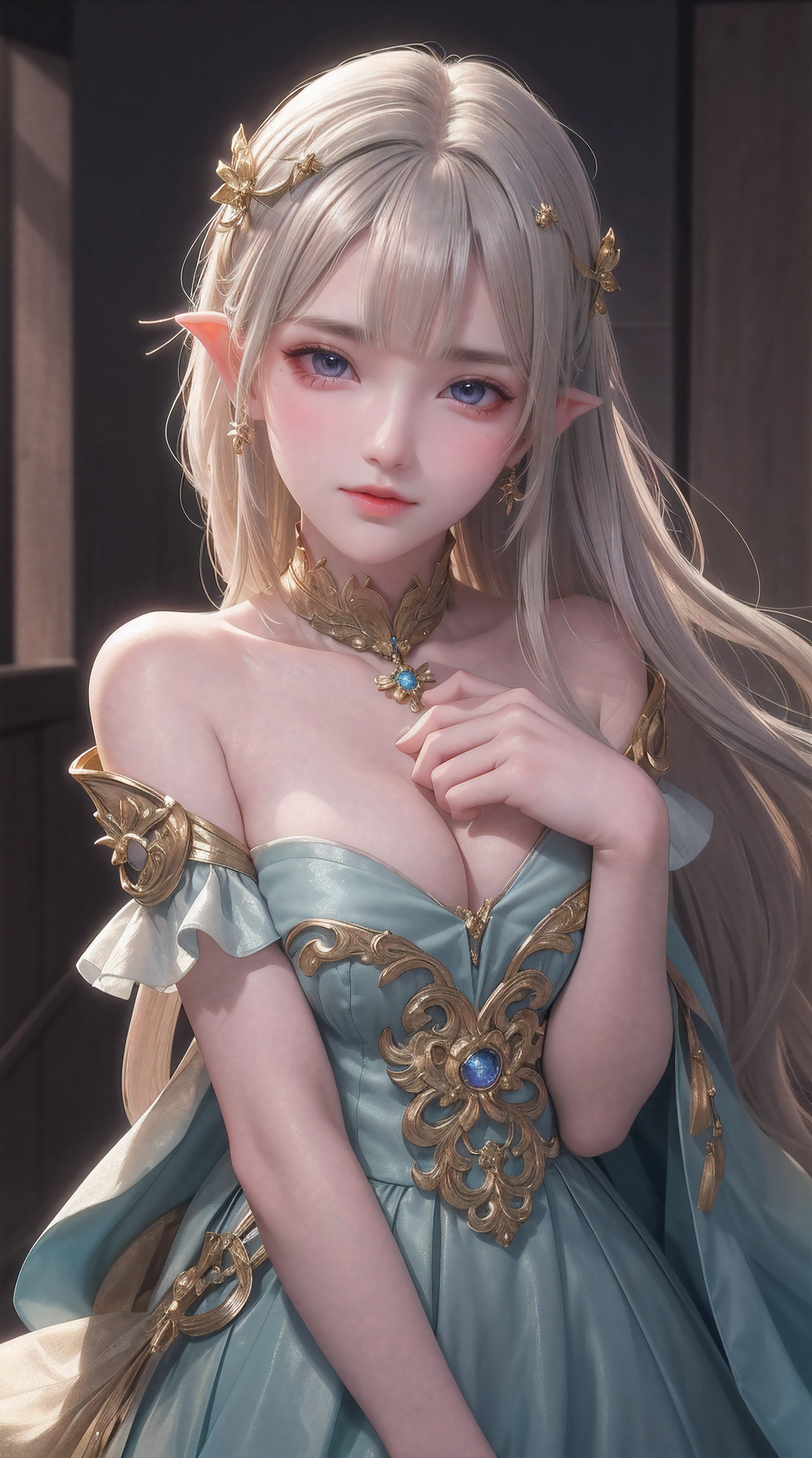 Masterpiece, Best quality, Super high resolution, Fluorescent color,, 1 girl, Looking at the audience, Beautiful face, Beautiful eyes, (Off-the-shoulder: 1.2), Head up, Upper body, forest, Shiny hair, Shiny skin, Glow-emission cut, tchibi, Finger proportions are coordinated