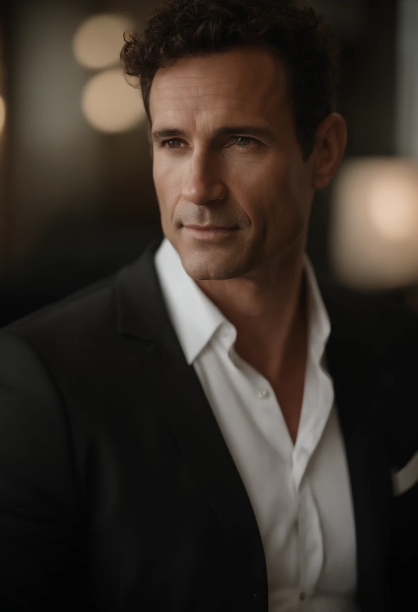 Cinematic portrait , a handsom man, Tall and fit, (40 years old:1.1), (shaven:1.2), (short brown hair and a little curly:1.5),(very short hair:1.6). black tight suit, white fit shirt . Minimalistic background, clean composition, strong details, Muted Colours, Hasselblad --style raw