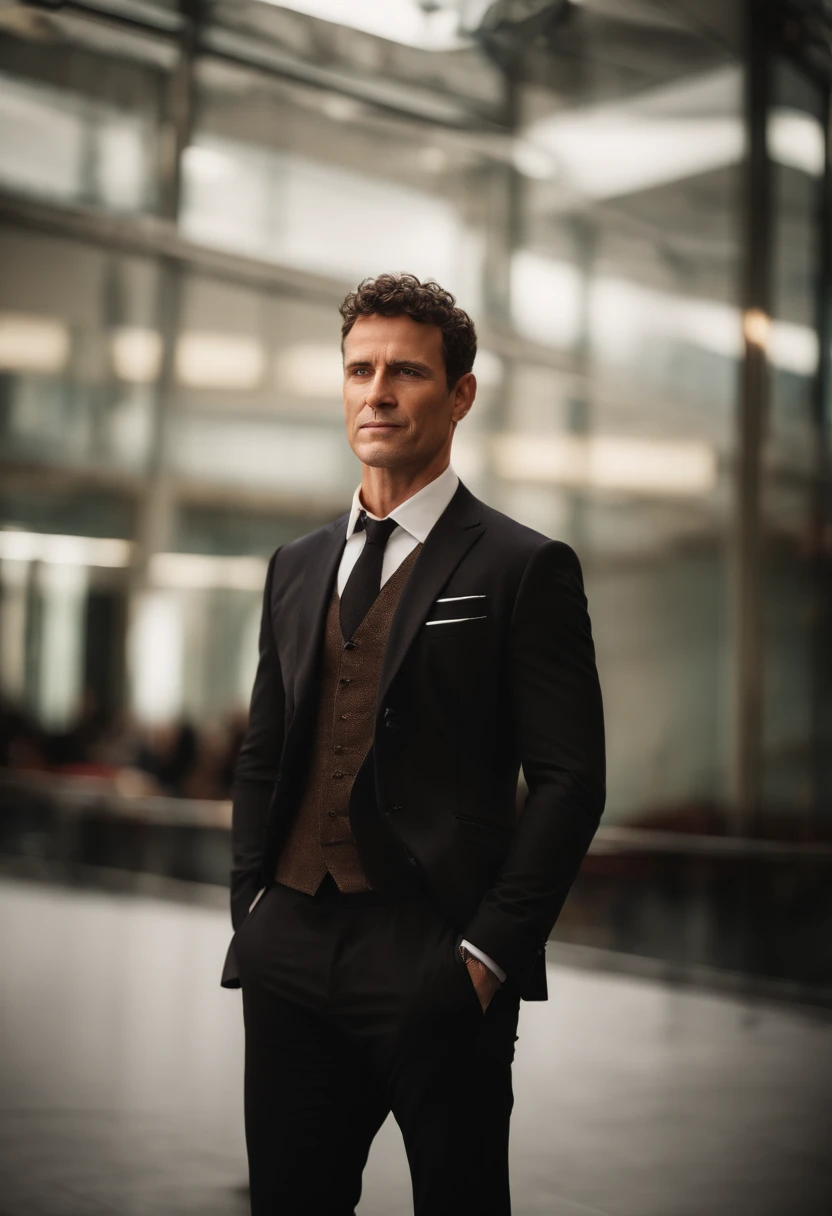 Cinematic portrait , a handsom man, Tall and fit, (40 years old:1.1), (shaven:1.2), (short brown hair and a little curly:1.5),(very short hair:1.6).  black tight suit, white fit shirt . Minimalistic background, clean composition, strong details, Muted Colours, Hasselblad --style raw
