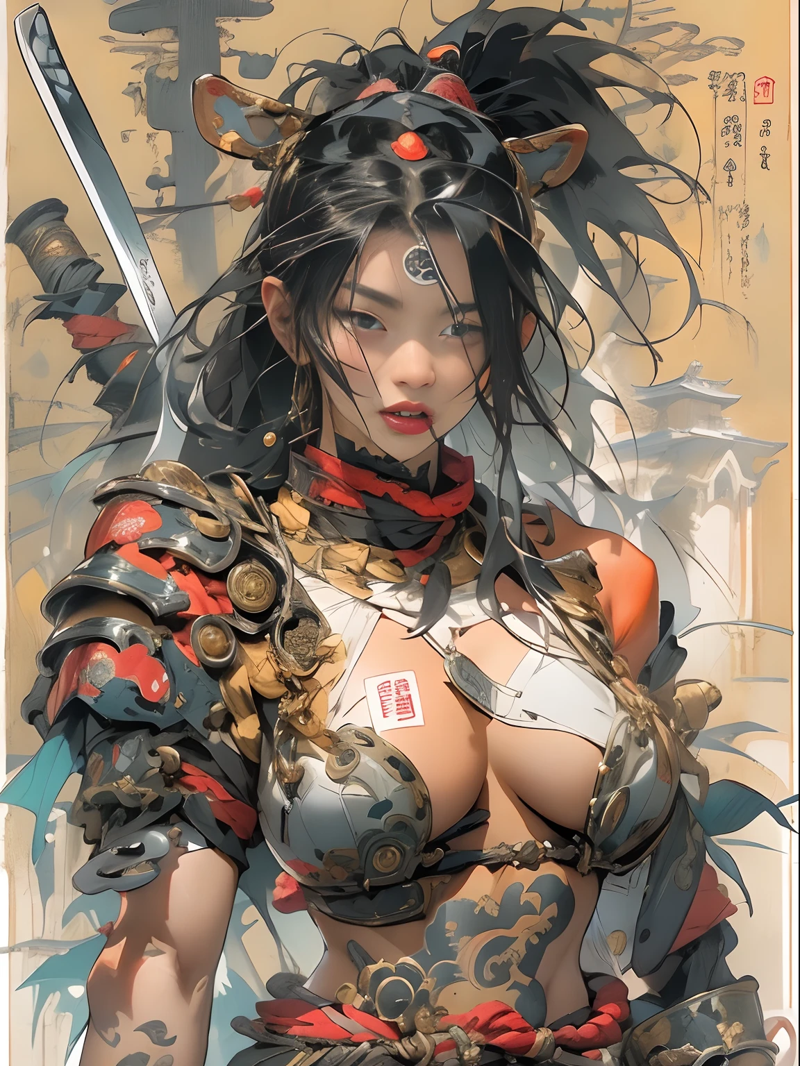 (((woman))), (((best qualityer))), (((tmasterpiece))), (((AS-Adult))), ((( Japanese ))), Look up from your knees, A beautiful asian samurai woman with perfect body, Modern samurai, ((( Asian))), Wear gloves on your hands,The left arm is made of steel and metal tips,Made of protective devices, The eyes are pulled, (( Appears below the breast )), (( Small dental floss )), Simon Bisley, Almost naked(Simon Bisley)Castle City Wilderness,For high-resolution posters, hair straight, Minimum clothing, armure (Crazy clothes ), Full of tips and rivets, tribal tattoos, (((full bodyesbian))), Straight brunette hair,Colored hair ends