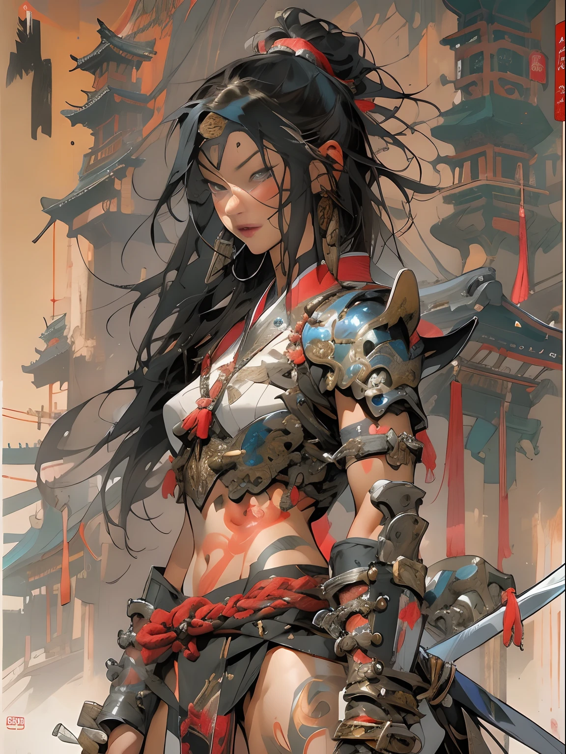 (((woman))), (((best qualityer))), (((tmasterpiece))), (((AS-Adult))), ((( Japanese ))), Look up from your knees, A beautiful asian samurai woman with perfect body, Modern samurai, ((( Asian))), Wear gloves on your hands，The left arm is made of steel and metal tips，Made of protective devices, The eyes are pulled, (( Appears below the breast )), (( Small dental floss )), Simon Bisley, Almost naked（Simon Bisley）Castle City Wilderness，For high-resolution posters, hair straight, Minimum clothing, armure (Crazy clothes ), Full of tips and rivets, tribal tattoos, (((full bodyesbian))), Straight brunette hair，Colored hair ends