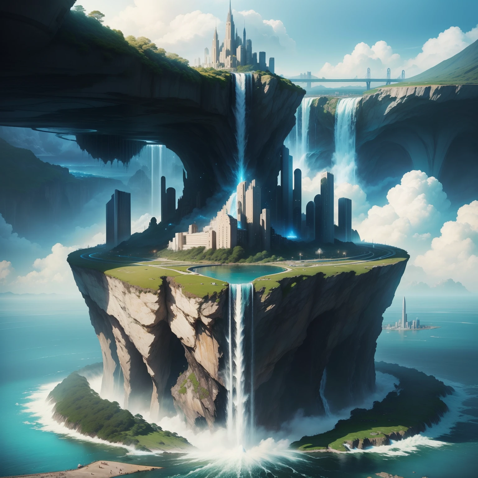 City of Water、water world、SFart by、Fantasia、futuristic cities、great outdoors、Super huge waterfall、dream、Huge construction、top-quality、masterpiece、planet earth、HD Images、Beautiful future city、Height through the clouds、