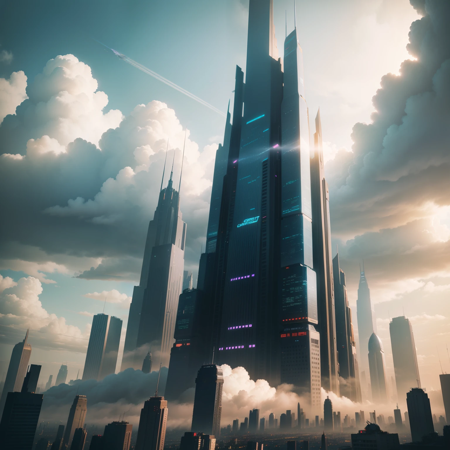 cyberpunked、Great civilization、SFart by、Fantasia、futuristic cities、Huge skyscrapers lined up、dream、Huge construction、top-quality、masterpiece、HD Images、Beautiful future city、Height through the clouds