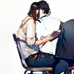 top-quality　​masterpiece　Male and female couples　Girl sitting on a chair wearing a tight skirt over a blouse。Boys hugging each other from behind。Boys wearing high school long pants uniforms with mash cut hairstyles。Without glasses、Revenge relationship