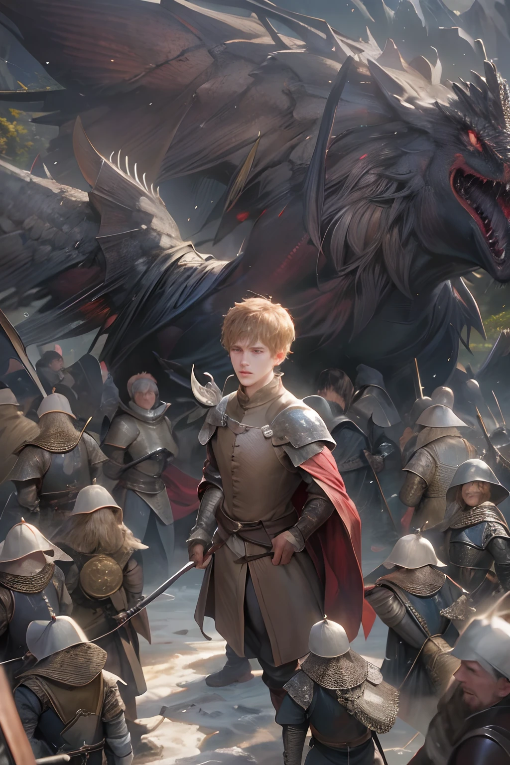 (absurdres, highres, ultra detailed, HDR), masterpiece, best quality, 1 boy , male, game of thrones character, short hair, handsome face, anime eyes, on the battlefield, masturbating ,detailed scenery, detailed character