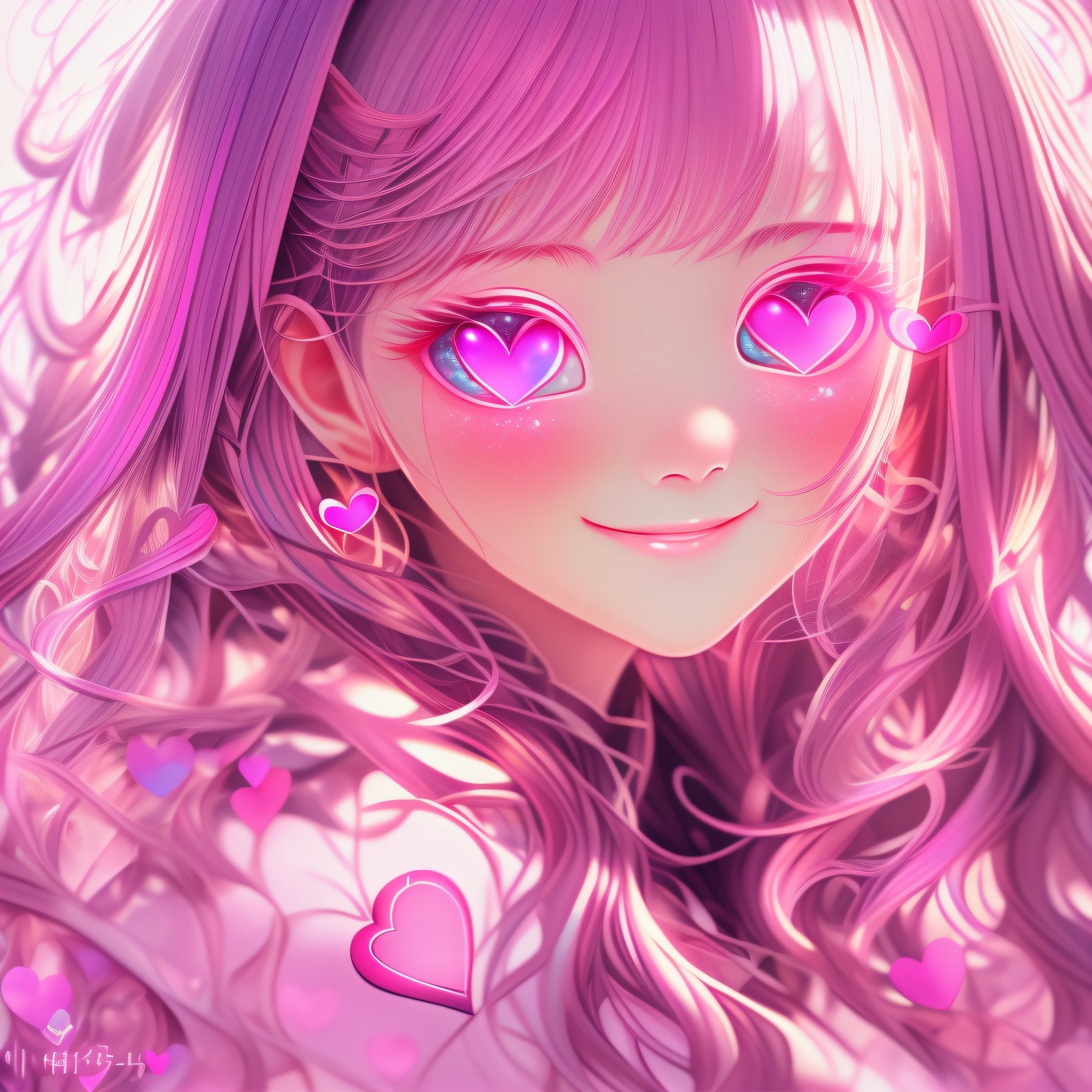 close-up of the smile face、close-up of the smile face、Designer、(realisitic、hight resolution)、(1 girl in)、Do-Up Eye、Korean Girl、(Best Quality), (masutepiece), (1girl in), Solo, a beauty girl, Perfect face, dreamlikeart、Highly detailed airbrush art((Surreal))、Volumetric lighting、(top-quality)、The ultra-detailliert、Highly detailed colorful details、(Bright lighting)、dynamic compositions、Ray traching、The mirror reflects light、Shallow depth of field、ultra-detailliert、mixing exposure、nffsw、Her eyes are pink and glow heart-shaped、The eyes are pink-heart-shaped。Pink glowing three-dimensional heart on background、Pink glowing three-dimensional heart on background、Pink glowing three-dimensional heart on background、