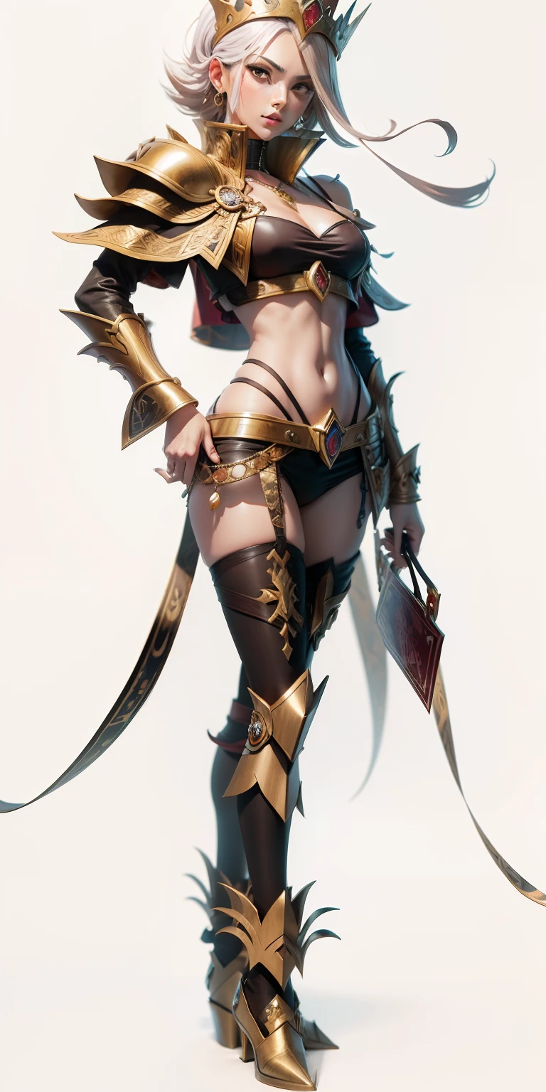 full body standing straight symmetrical, FEMALE warrior princess, big belt around waist, hair, very white skin like snow, strong abs, red tattoo belly, red loincloth, tiger bikini, blue cape, sleeveless, black long socks