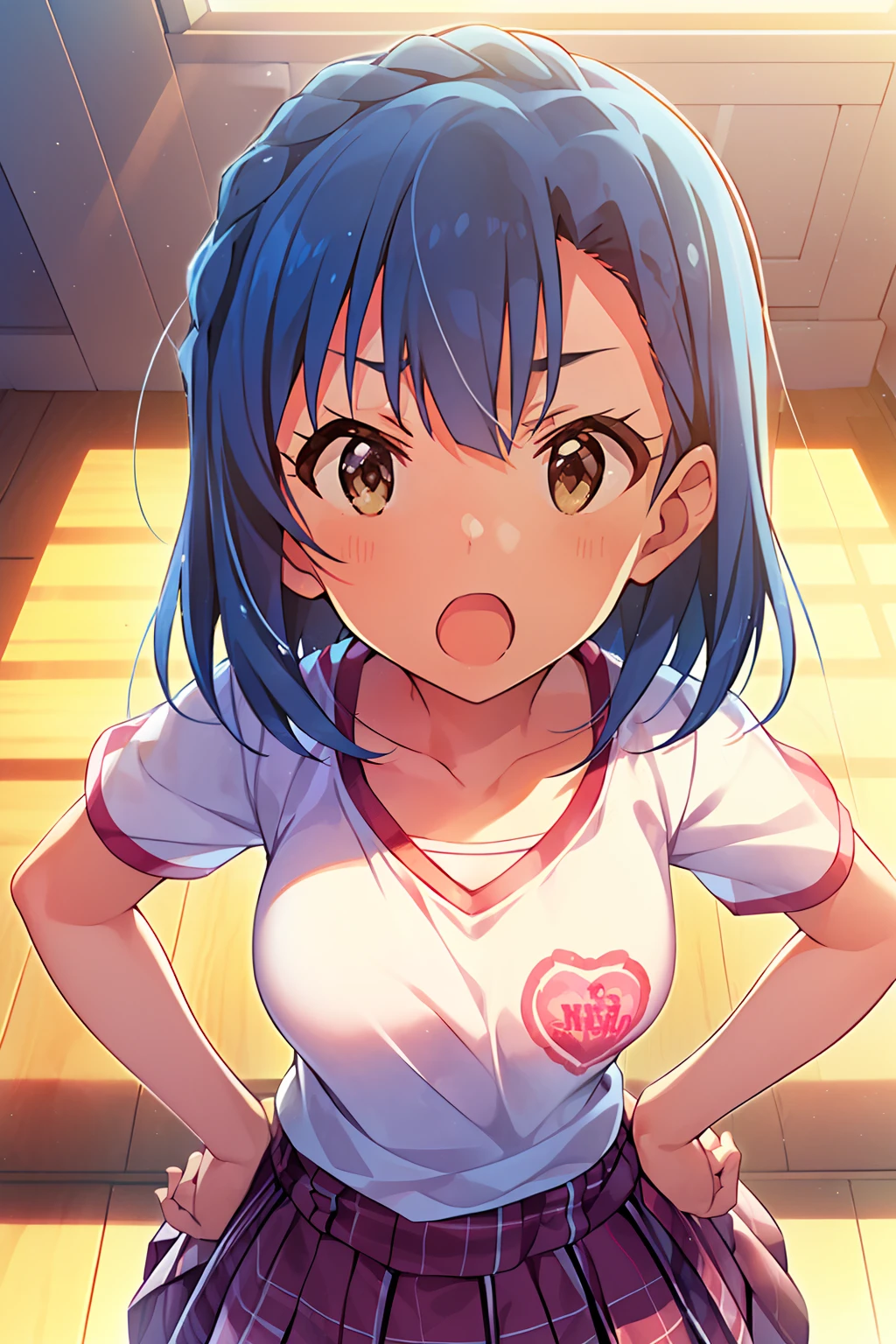 yuriko nanao (million live). Short stature. (((white t-shirts))).(((Skirt))).(((masterpiece))).(((best quality))).((Ultra-detailed))).(((illustratio))). (((put hands on the hip))).(((a room))).(((make a fist))).(((up chest))).Despair face.(((short-hair))).((big breasts)).((Opening Mouth)).look from above.