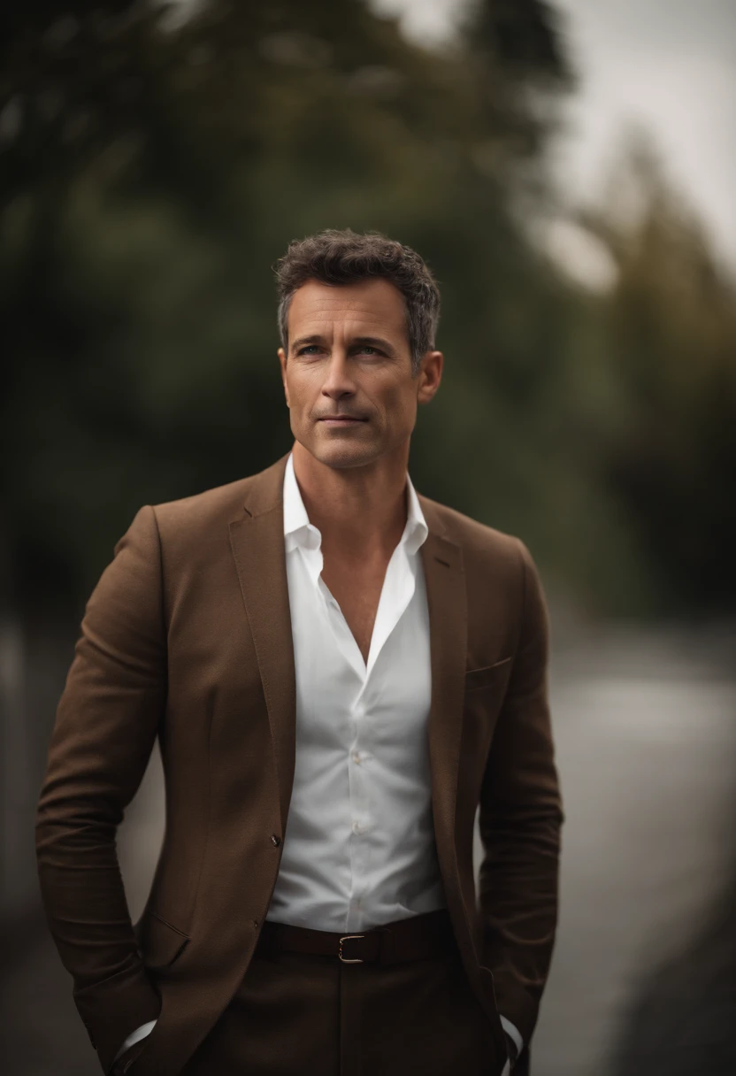 Cinematic portrait , a handsom man, Tall and fit, (40 years old:1.1), (shaven:1.2), (short brown hair and a little curly:1.5),(very short hair:1.6). black tight suit, white shirt . Minimalistic background, clean composition, strong details, Muted Colours, Hasselblad, style raw