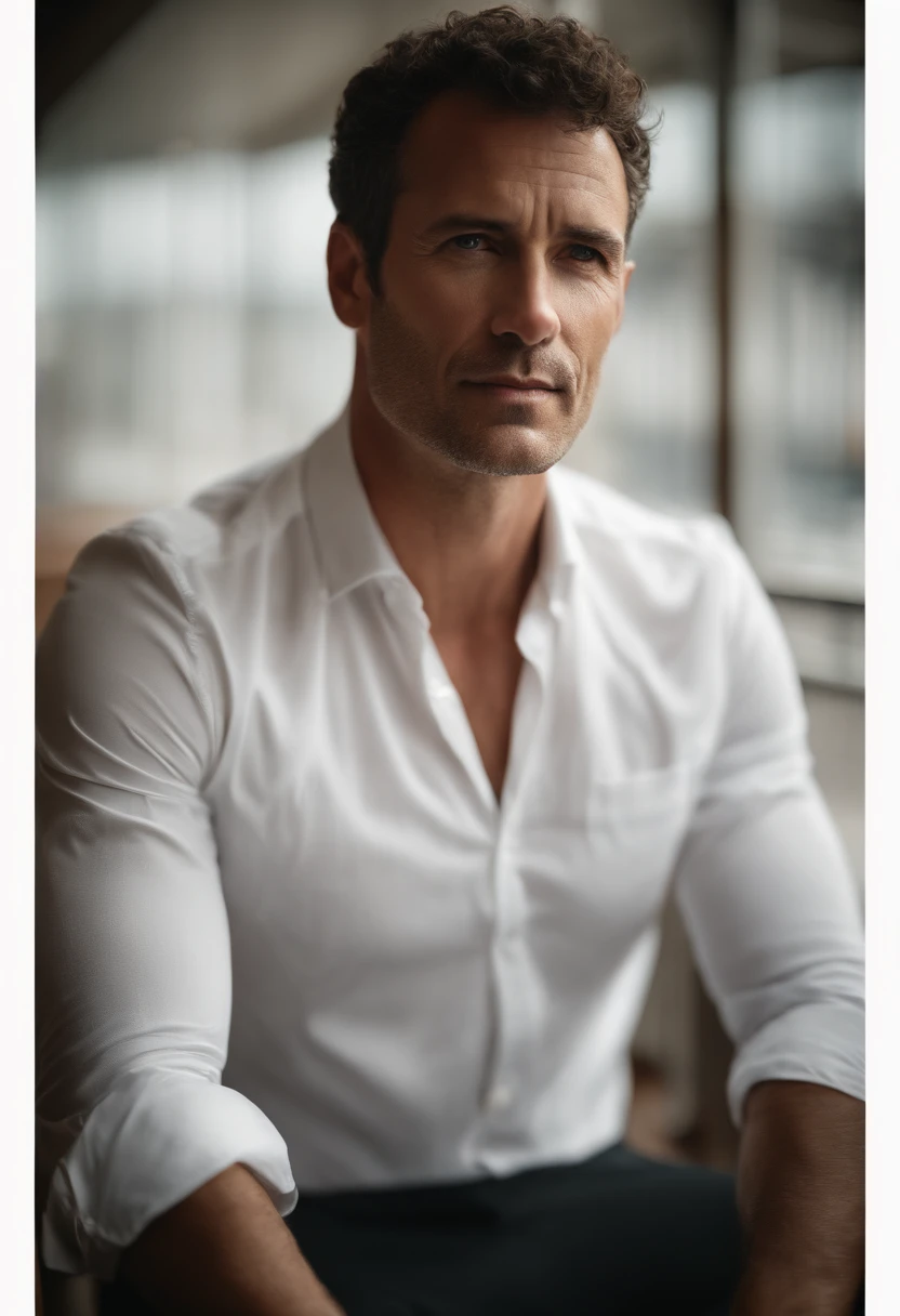 Cinematic portrait , a handsom man, Tall and fit, (40 years old:1.1), (shaven:1.2), (short brown hair and a little curly:1.5),(very short hair:1.6). black tight suit, white shirt . Minimalistic background, clean composition, strong details, Muted Colours, Hasselblad, style raw