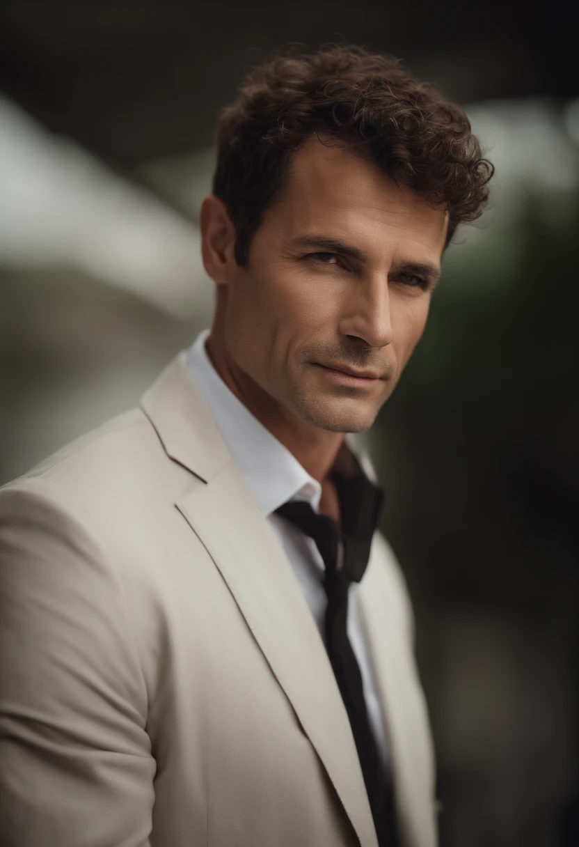 Cinematic portrait , a handsom man, Tall and fit, (40 years old:1.1), (shaven:1.2), (short brown hair and a little curly:1.5),(very short hair:1.6). black tight suit, white shirt . Minimalistic background, clean composition, strong details, Muted Colours, Hasselblad, style raw