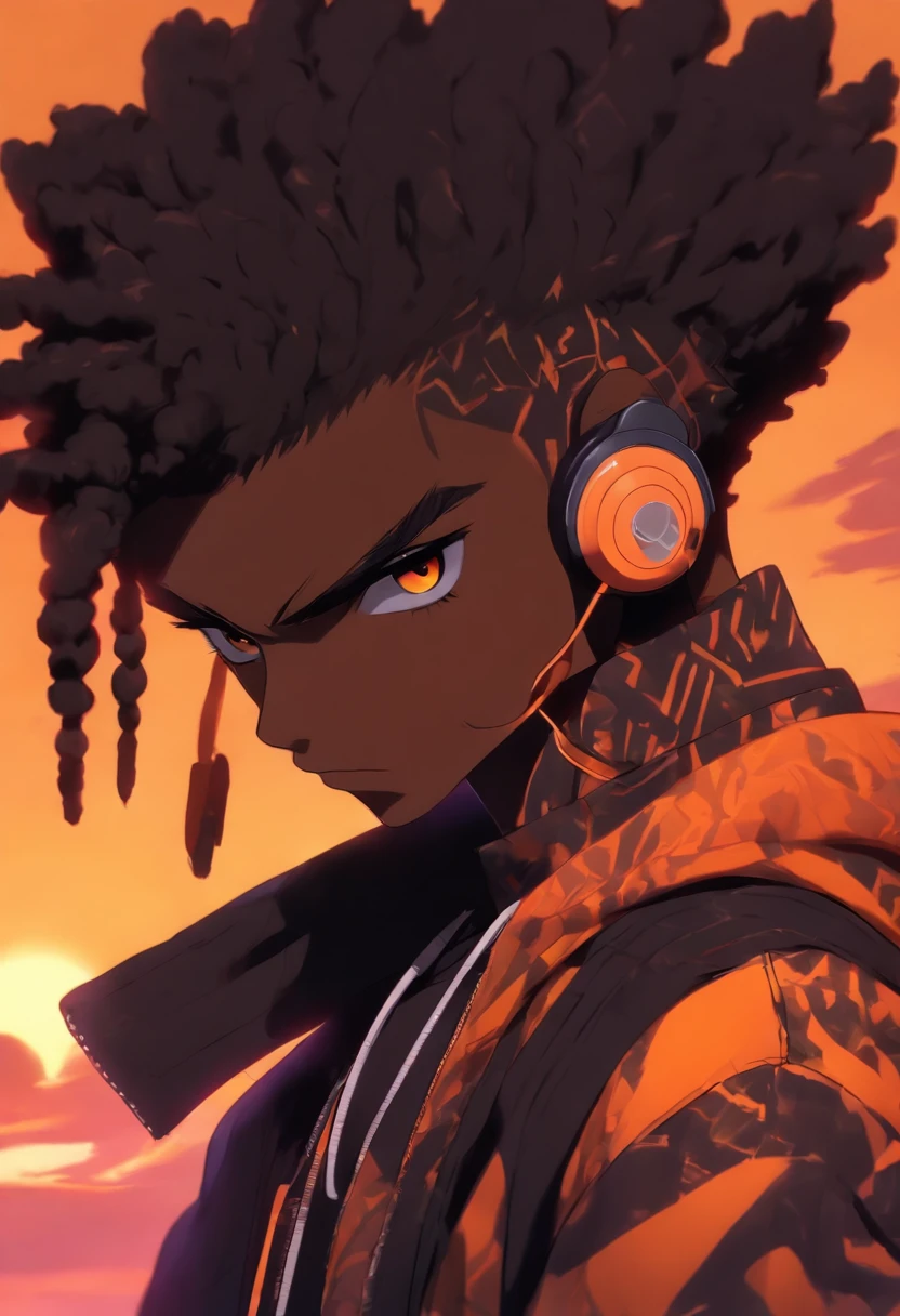 Solo, 1boy, Anime black male with a yellow shirt and a black hair, black age boy, short dreadlock hairstyle that covers the left side of his face and dark skin, detailed character portrait, a character portrait, halfbody portrait, stylized portrait, halfbody he wearing an cool orange shirt with black sleeves and has headphones around his neck, lavender eyes and has headphones((black and orange)) around his neck , illustration of an black teen on beautiful sunset background,looking at viewer