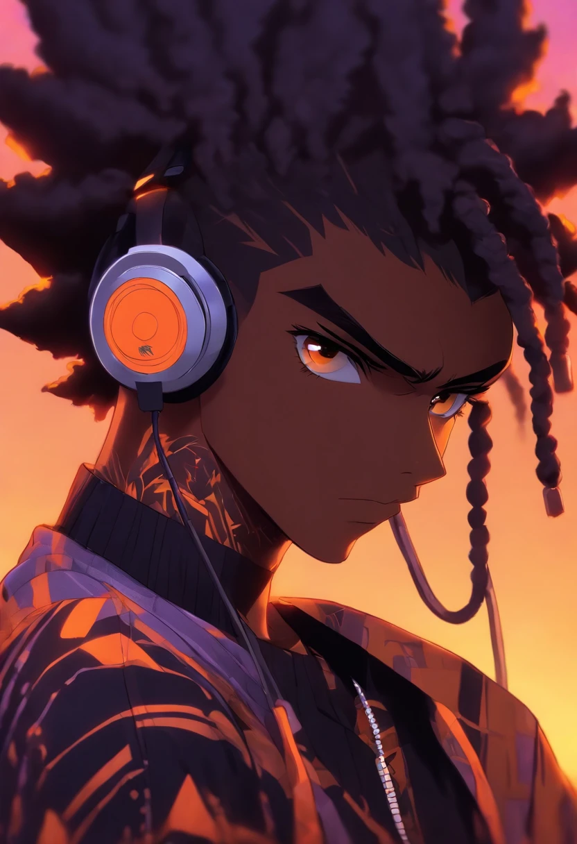 Solo, 1boy, Anime black male with a yellow shirt and a black hair, black teenage boy, short dreadlock hairstyle that covers the left side of his face and dark skin, detailed character portrait, a character portrait, halfbody portrait, stylized portrait, halfbody he wearing an cool orange shirt with black sleeves and has headphones around his neck, lavender eyes and has headphones((black and orange)) around his neck , illustration of an black teenager on beautiful sunset background,looking at viewer