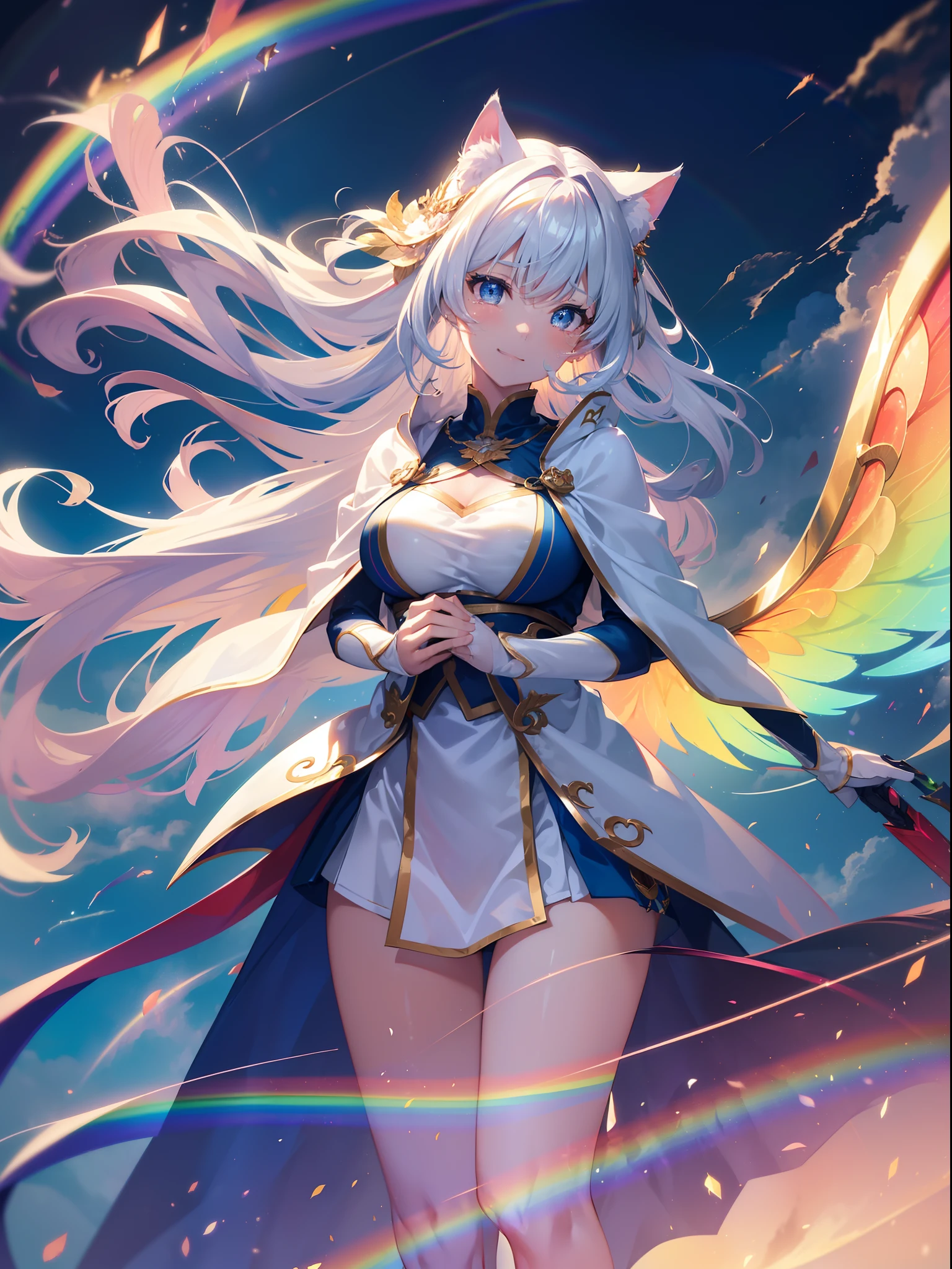 (Face Focus:1.3) (Rainbow Background:1.3),(Tears,sad,A smile:1.3) (close up of face:0.7), Bright smile,Blue cloak and war maiden costume, A vortex of light enveloped her, Canon 5D, 85 mm, depth of fields, 8K, ultra sharpness, nffsw, octane, Unreal, Dramatic light, Global Illumination,Motion Picture Film,rainbow,lensflare,Highly detailed,(Wing Wave Thunder Art:1.3),(Fantasia:1.3),(Agfacolor:1.3),(close portrait:1.3),(Feminine:1.4),(Beautiful:1.4),(Attractive:1.3),Move an angle,perfectly detailed eyes,Themed Background,hair messy,Cat's ears,Silvery hair,Brave Sword,Blue Lightning