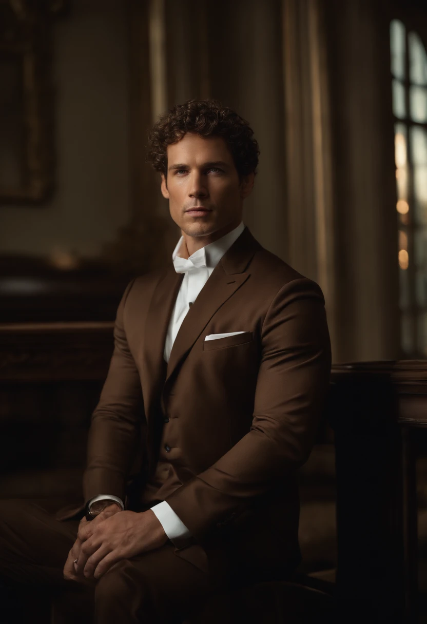 corps entier, Wide-angle photo of the body of a handsome man, Grand et en forme, (40 ans:1.1), (shaven:1.2), (short brown hair and a little curly:1.5),(very short hair:1.6). Tight suit in dark blue velvet:1.3). (posing outside the mansion), Cold and dark sunset at dusk, (Edge Light:1.1),(Concentrez-vous sur les yeux), (Regard fier), (hard light on the skin:1.2), (ombres dures, dark themed, Contraste profond:1.1), (photographie de portrait par Annie Liebovitz), Dark mint theme and choral aesthetics, (skin imperfections)