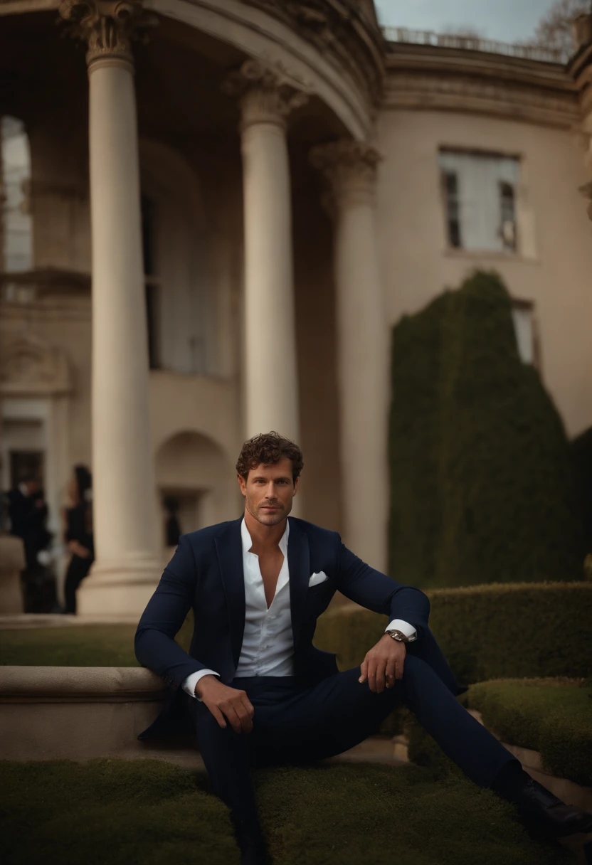 corps entier, Wide-angle photo of the body of a handsome man, Grand et en forme, (40 ans:1.1), (shaven:1.2), (short brown hair and a little curly:1.5),(very short hair:1.6). Tight suit in dark blue velvet:1.3). (posing outside the mansion), Cold and dark sunset at dusk, (Edge Light:1.1),(Concentrez-vous sur les yeux), (Regard fier), (hard light on the skin:1.2), (ombres dures, dark themed, Contraste profond:1.1), (photographie de portrait par Annie Liebovitz), Dark mint theme and choral aesthetics, (skin imperfections)