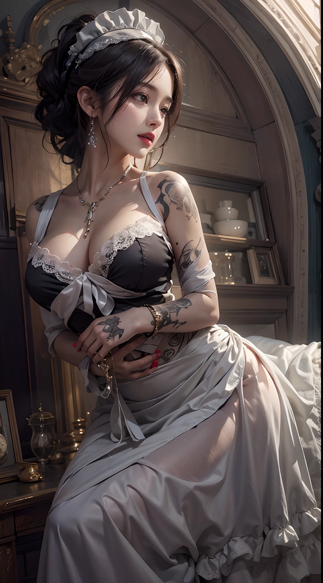 photorealistic, high resolution, soft light,1women, solo, hips up, (detailed face),tattoo, jewelry, wearing sexy maid dress, long hair