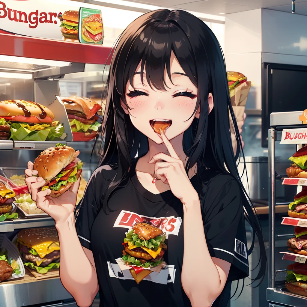 1 beauty,17-year-old high school girl, Watery Big Eyes,(Happy smile),long eyelasher, Blushlush,Black Perm Hair,in fast food shop, (Close your eyes, Smile and open your mouth wide), ((Gnawing on a grabbed hamburger with both hands)),(Eat cleanly)