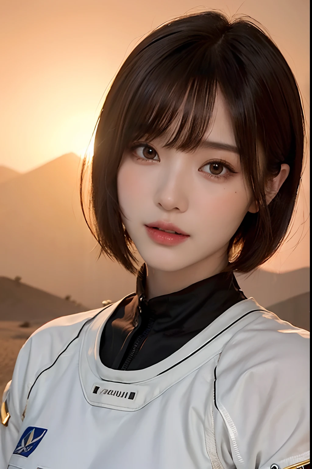 top-quality、masterpiece、超A high resolution、(realisitic:1.4)、Beautuful Women1、Beautiful detail eyes and skin、ssmile、Light brown short-cut hair、The perfect spacesuit、spaceships、Mysterious planet、Red sky、sandstorm、