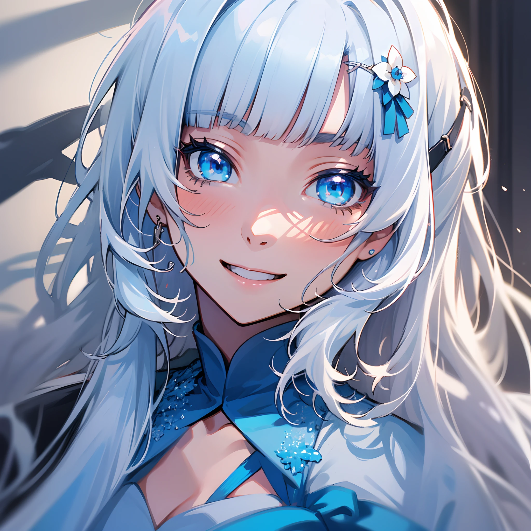 (Best Quality,High resolution:1.2),a portrait photo of,White hair,Long hair,Dazzling blue eyes,attractive girl,18 years old,Bigchest,Soft bangs,White and blue tones,Cheerful smile