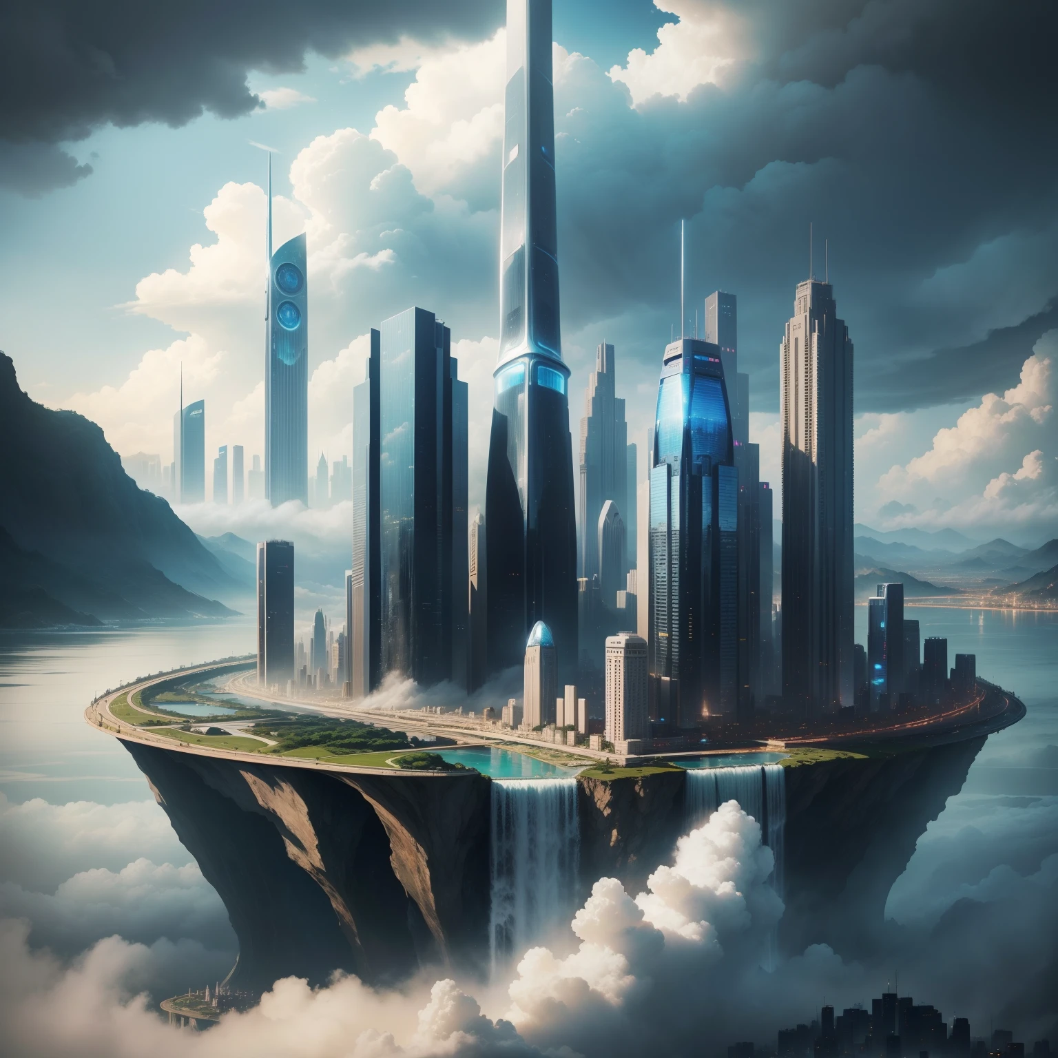 City of Water、water world、SFart by、Fantasia、futuristic cities、Huge skyscrapers lined up、Super huge waterfall、dream、Huge construction、top-quality、masterpiece、HD Images、Beautiful future city、Height through the clouds
