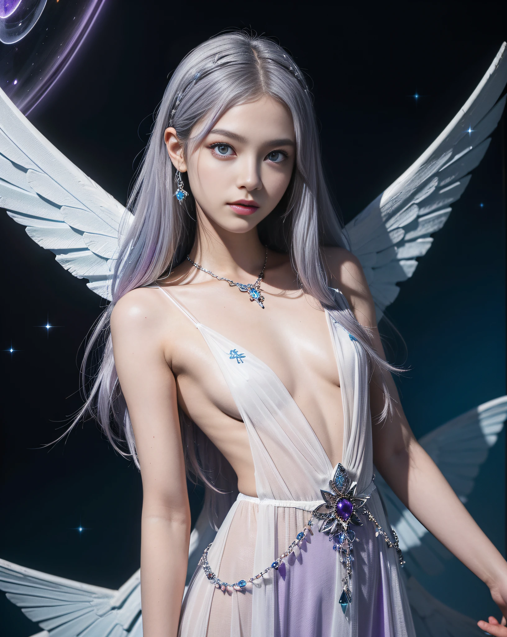 Realistic、An ultra-high picture quality、full-shot、(((FULL BODYSHOT)))、bilaterally symmetrical、muitoリアルHuman texture、 (((Very cute beautiful Russian white girl )))、 (1girl in:1.3), Galactic Universe、milkyway、white very luxurious dress、BREAK, Fantastic Long Dress, BREAK, Light persona, Dark Persona, mind control, fractral, Full body, ceiling, Artistic background, Blue bioluminescence, Geometric, organics, blessings, favor, exalted, exalted, noble, unfolded, elucidation, antigravity, Antimatter, Guardian Angel, holy, Sacred, spiritual, Dignified, Red bioluminescence, flower, Holographic wings, About Magic Circle, photons, butterfly, scales, Galaxy, Beak,artistic、Fantastical、(((Look at me)))、(((Beautiful glowing purple eyes)))、Enchanted、(((I love you)))、kawaii、keeping watch、Gentle、lovely、see -through、seductiv、Lots of luxury knick-knacks,(((Small drooping eyes with a gentle feeling)))、(((very thin and brightly colored eyebrows,,,,,,,,))),,(((Glittering pale blue-violet silver hair and eyebrows)))、(((Very luxurious see-through Western style long dress in white with lots of accessories)))