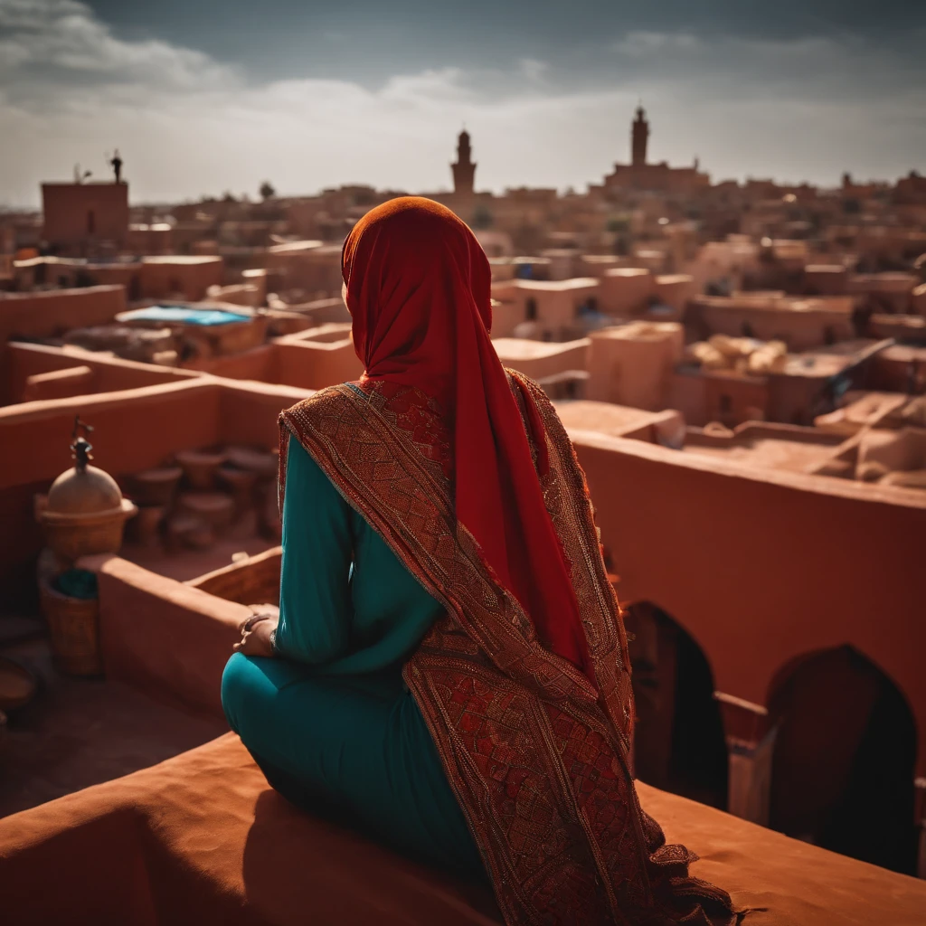 Moroccan rooftop, one curvy woman from behind, facing view, prostrating in prayer, sobbing, (riad rooftop), (Marrakech view),