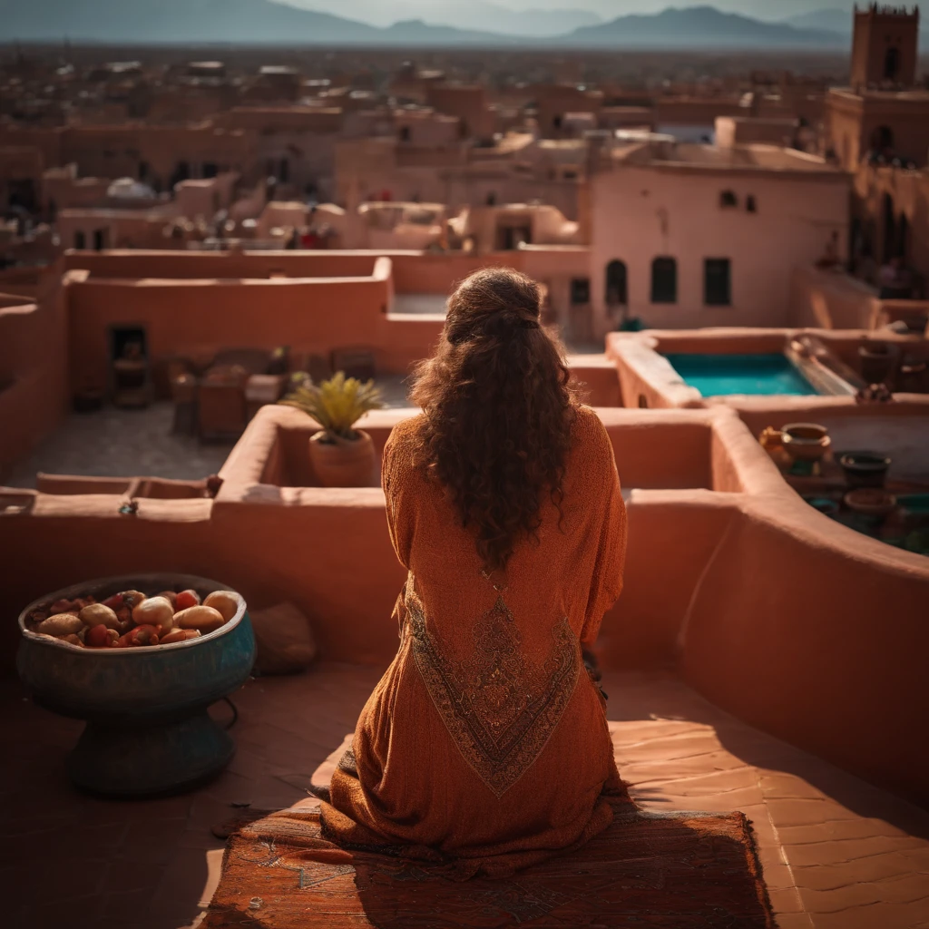 Moroccan rooftop, one curvy woman from behind, facing view, prostrating in prayer, sobbing, (riad rooftop), (Marrakech view),