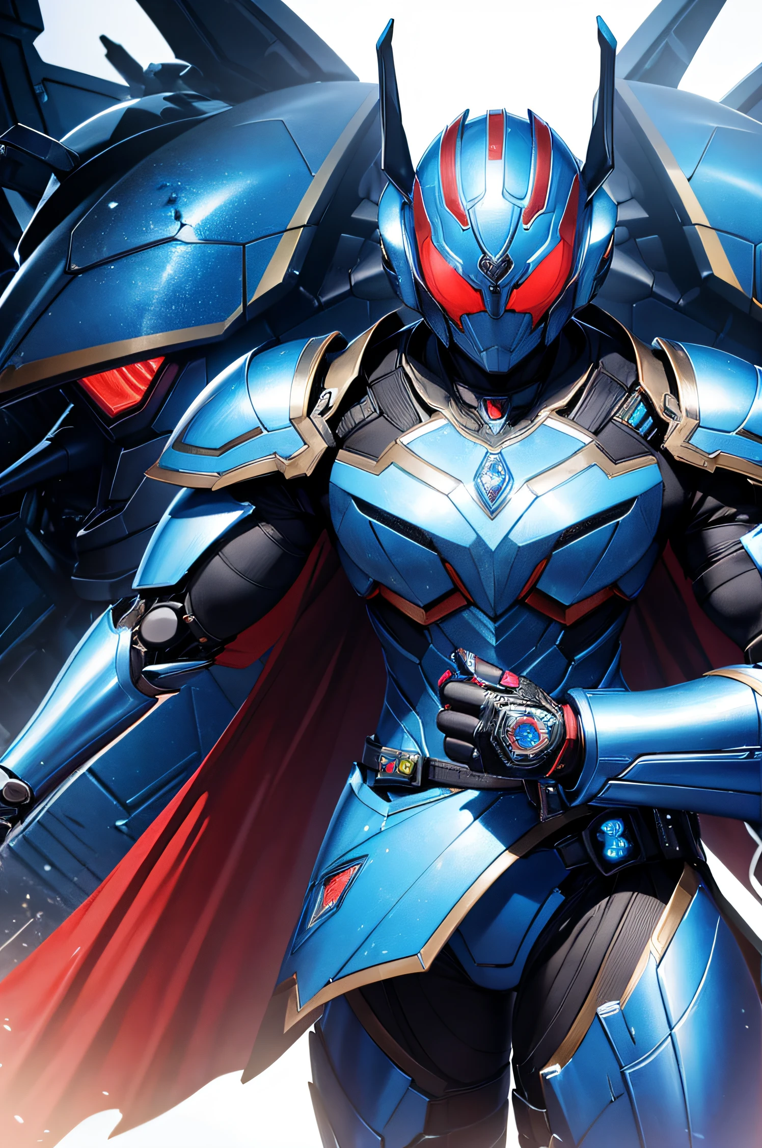 1 kamen rider, armor, mechanical, female, full armor, butterfly, superhero, muscular, heavy metal, mechanical marvel, guardian, blue, dark hero, anti hero, violent, bloody, absurdres, high resolution, ultrasharp, 8k, masterpiece