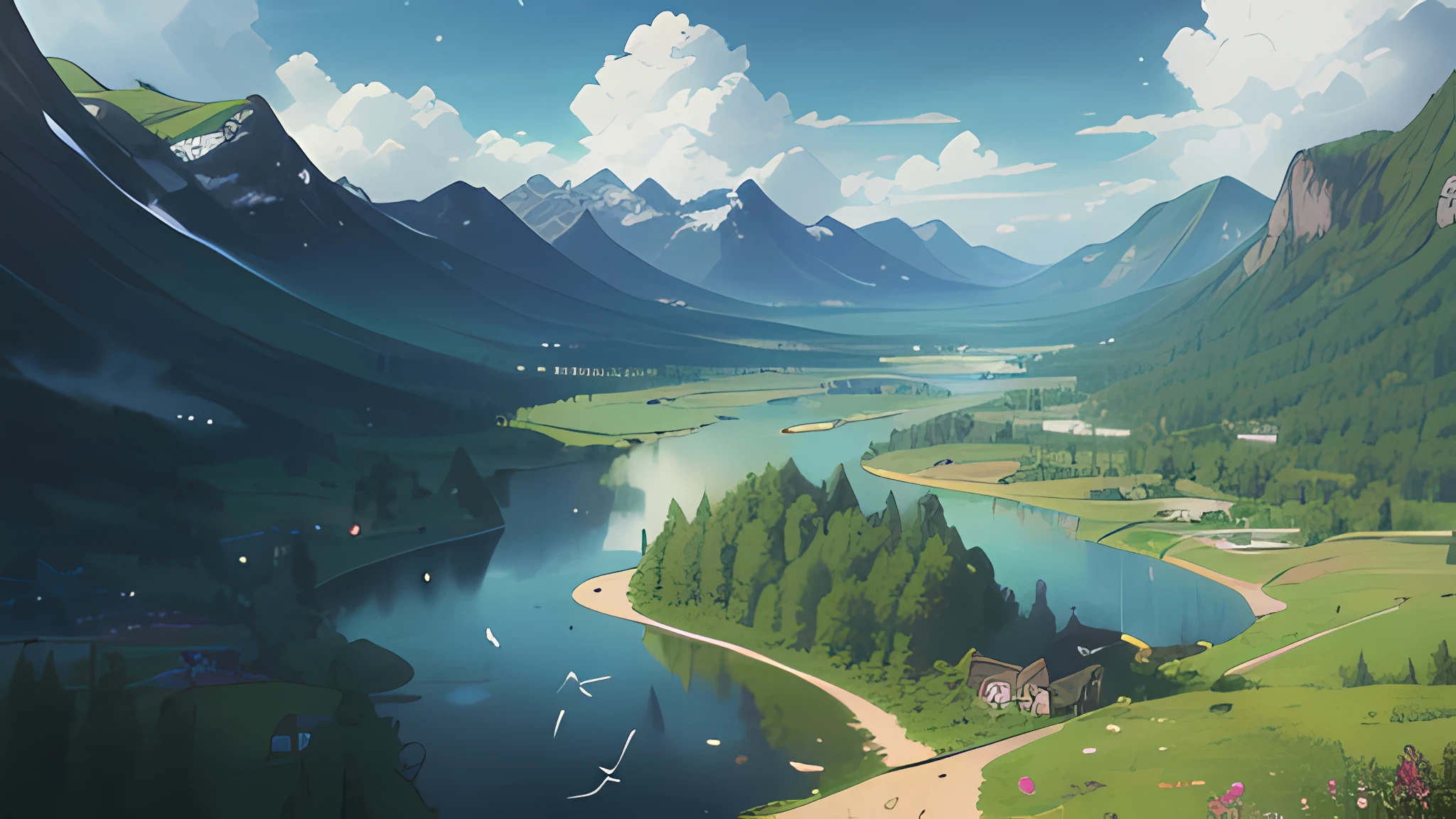 (Masterpiece, Best quality, High quality, A high resolution:1.4), Extremely detailed, 4K, Outdoors, Nature, forest, green trees, Grass, a plant, Flowers, River, Caustics, Ripples, pond, jungles, dense foliage, fern,(cloud sky:1.3),(rain:1.3),anime,Rain ripples on the surface of the water,mountain,((bird's eyes view)),fantasy video game character concept art