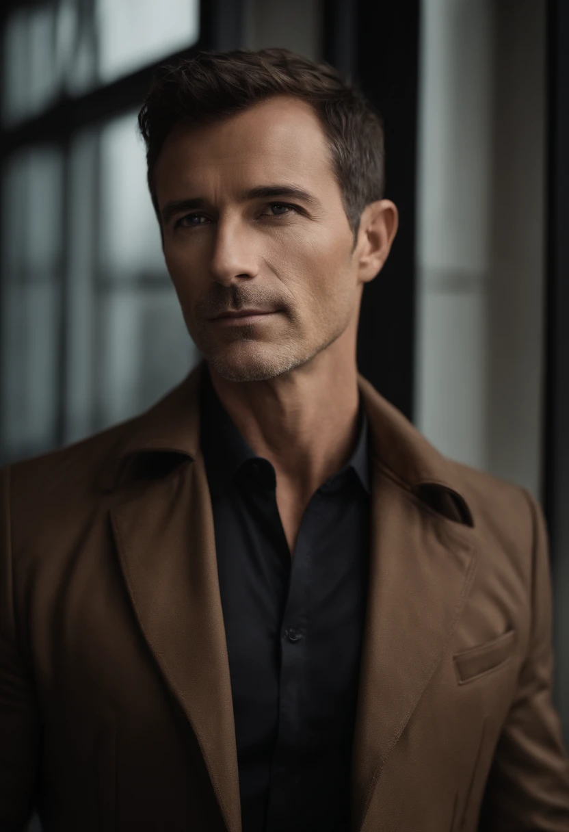 Cinematic portrait , a handsom man, Tall and fit, (40 years old:1.1), (shaven:1.2), (short brown hair :1.5),(very short hair:1.6). black tight suit, white shirt . Minimalistic background, clean composition, strong details, Muted Colours, Hasselblad, style raw