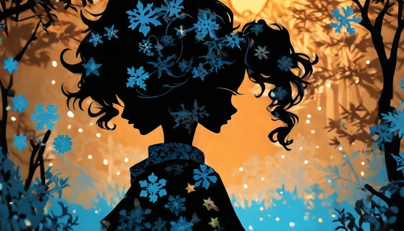 (Silhouette Art,cutouts:1.6)
(((Paper cutting art,A world where only black exists:1.3)
(Cowboy Shot),1 girl,Solo,
(Kimono Girl,profile:1.2),white, Clear and beautiful face,
BREAK
(Light blue snowflakes)
Textured glass background,