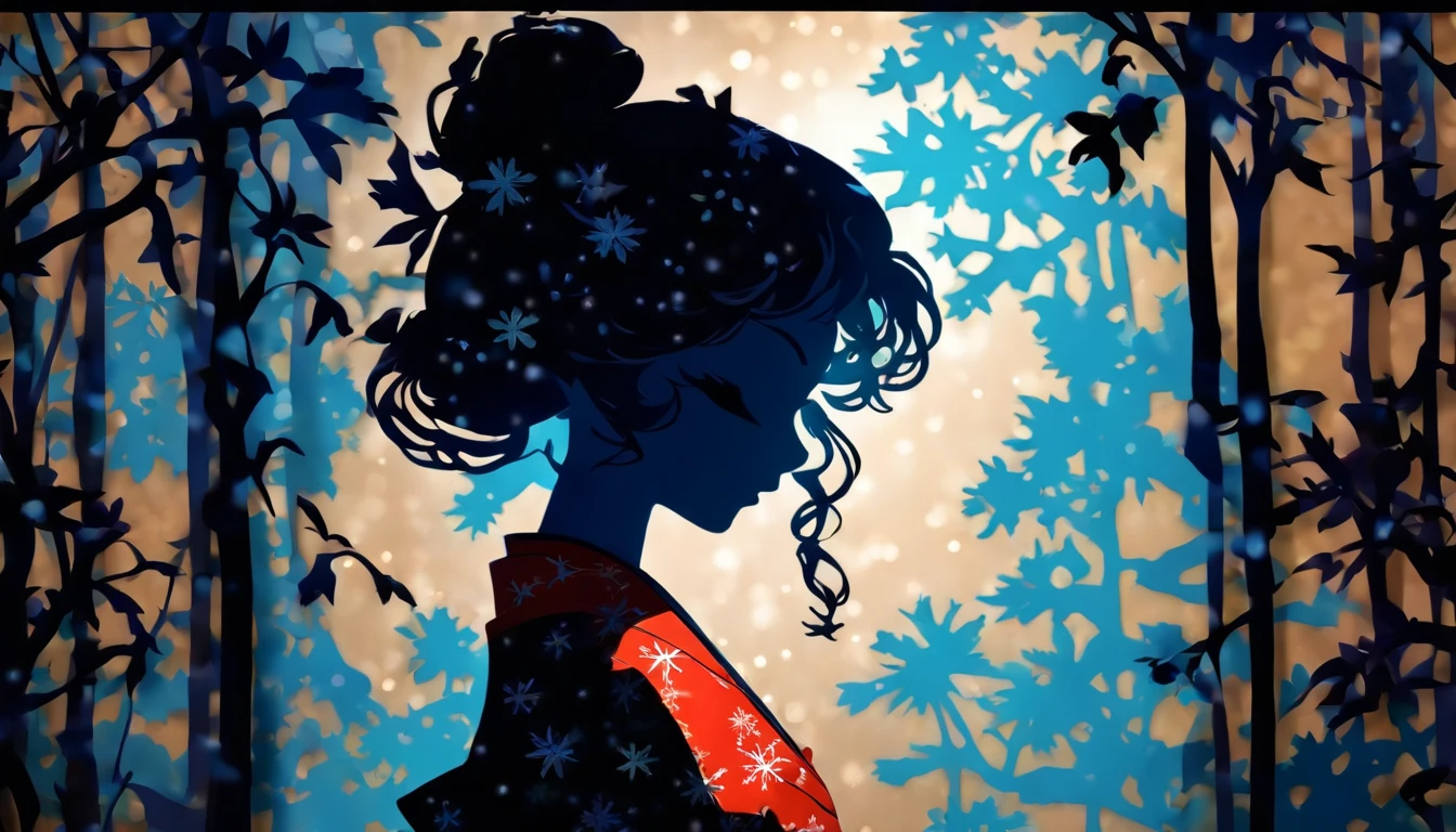 (Silhouette Art,cutouts:1.6)
(((Paper cutting art,A world where only black exists:1.3)

(Cowboy Shot),1 girl,Solo,
(Kimono Girl,profile:1.2),white, Clear and beautiful face,

BREAK
(Light blue snowflakes)
Textured glass background,