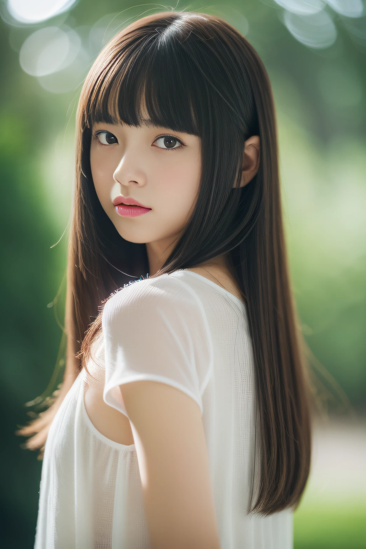 、See-through bang、medium hair、A dark-haired、cute little、((top-quality、8K、masterpiece:1.3))、foco nítido:1.2、An ultra-high picture quality、top-quality、masterpiece、natural soft light、The upper part of the body、School route