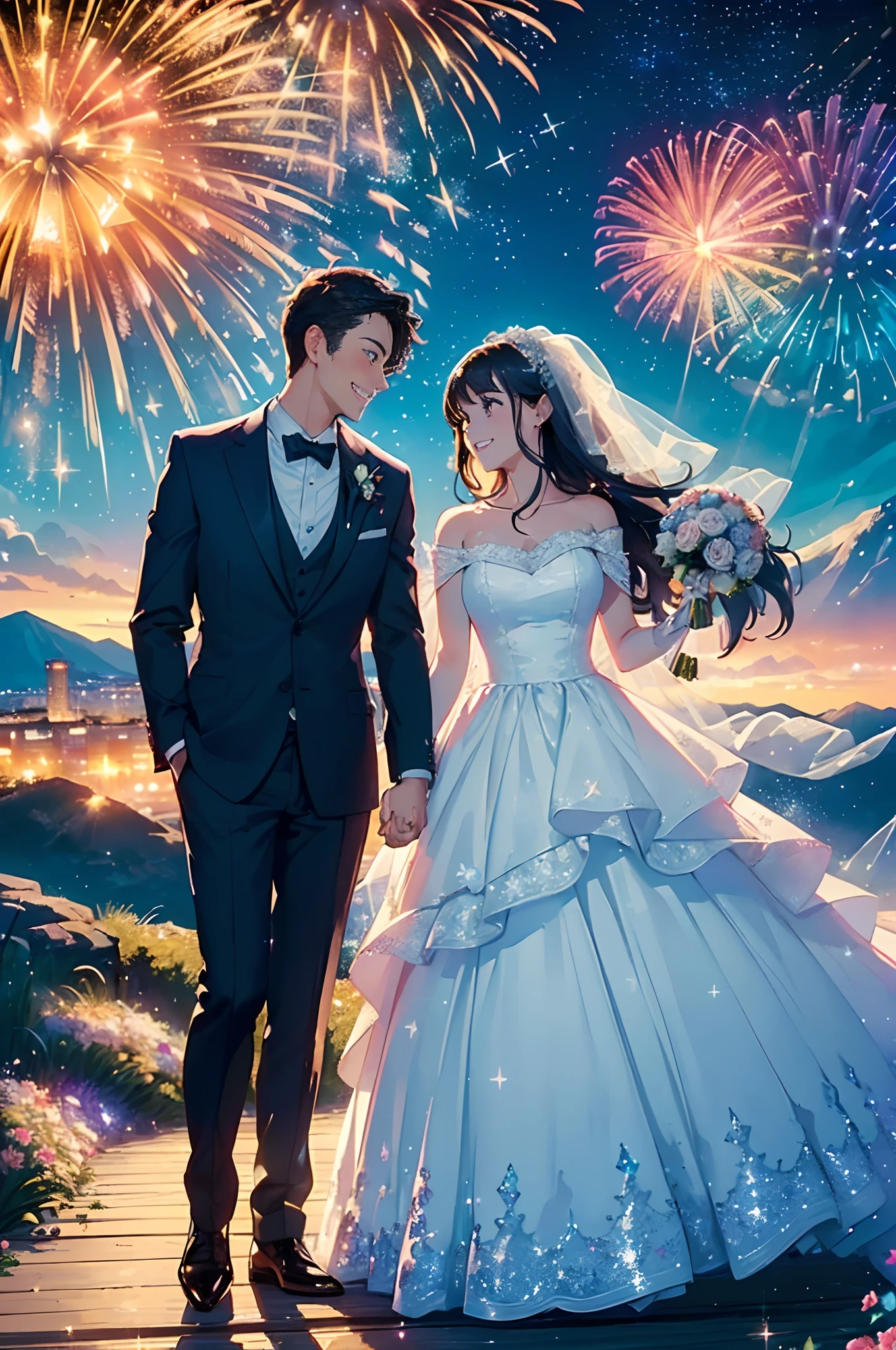 ((Best quality, A high resolution, Masterpiece:1.2)), (Romantic), (newlyweds:1),(Happy smile),(Clear facial features), (Stargazing at the top of the mountain), (Spectacular sky fireworks display), (Colorful fireworks), (Giant fireworks), (Wedding dress), (suit), (glittering stars:1.5), Romantic couple photo, cinematic Film still from.