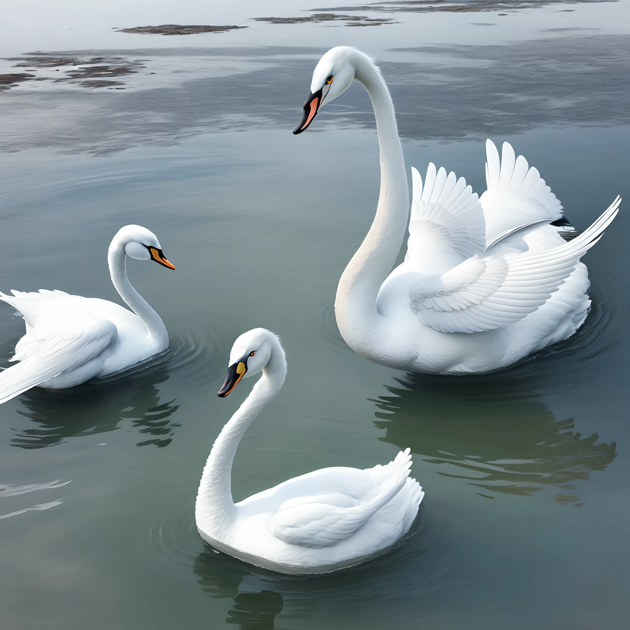 A pair of white swans play in the middle of the lake